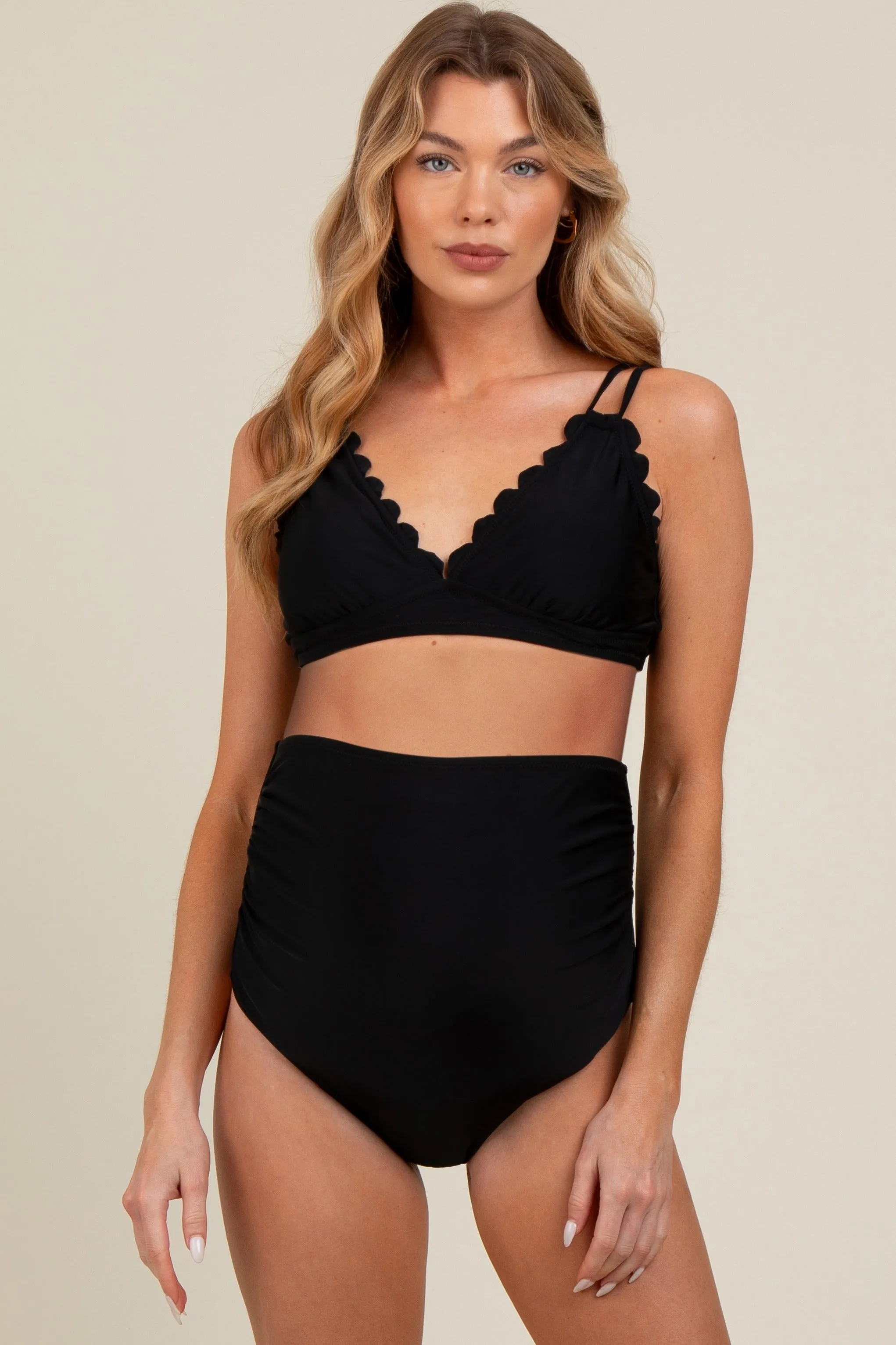 Black Scalloped V-Neck High Waist Two-Piece Maternity Swimsuit sold by Pinkblush