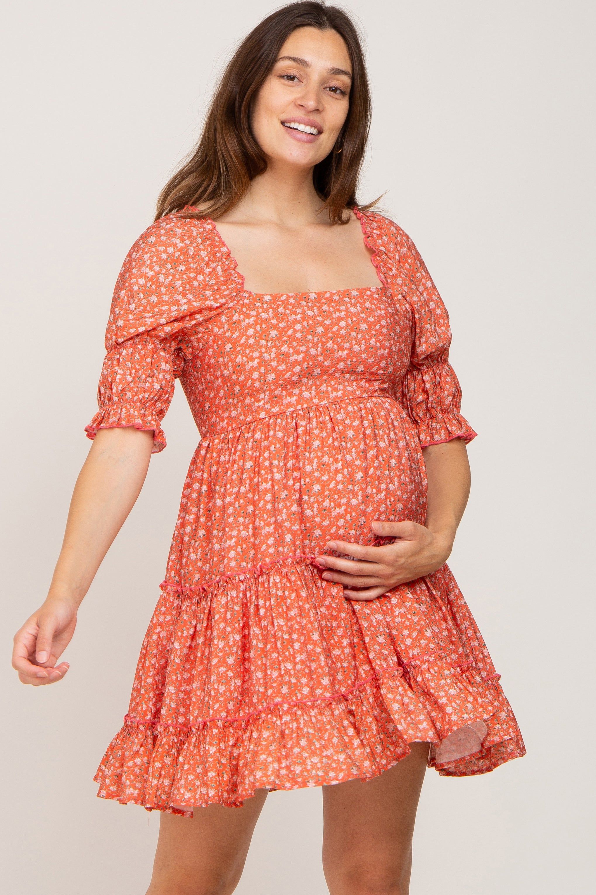 Orange Floral Square Neck Ruffle Tiered Maternity Dress sold by Pinkblush