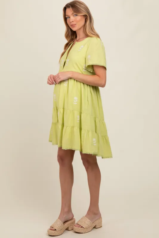 Lime Embroidered Split Neck Maternity Dress sold by Pinkblush