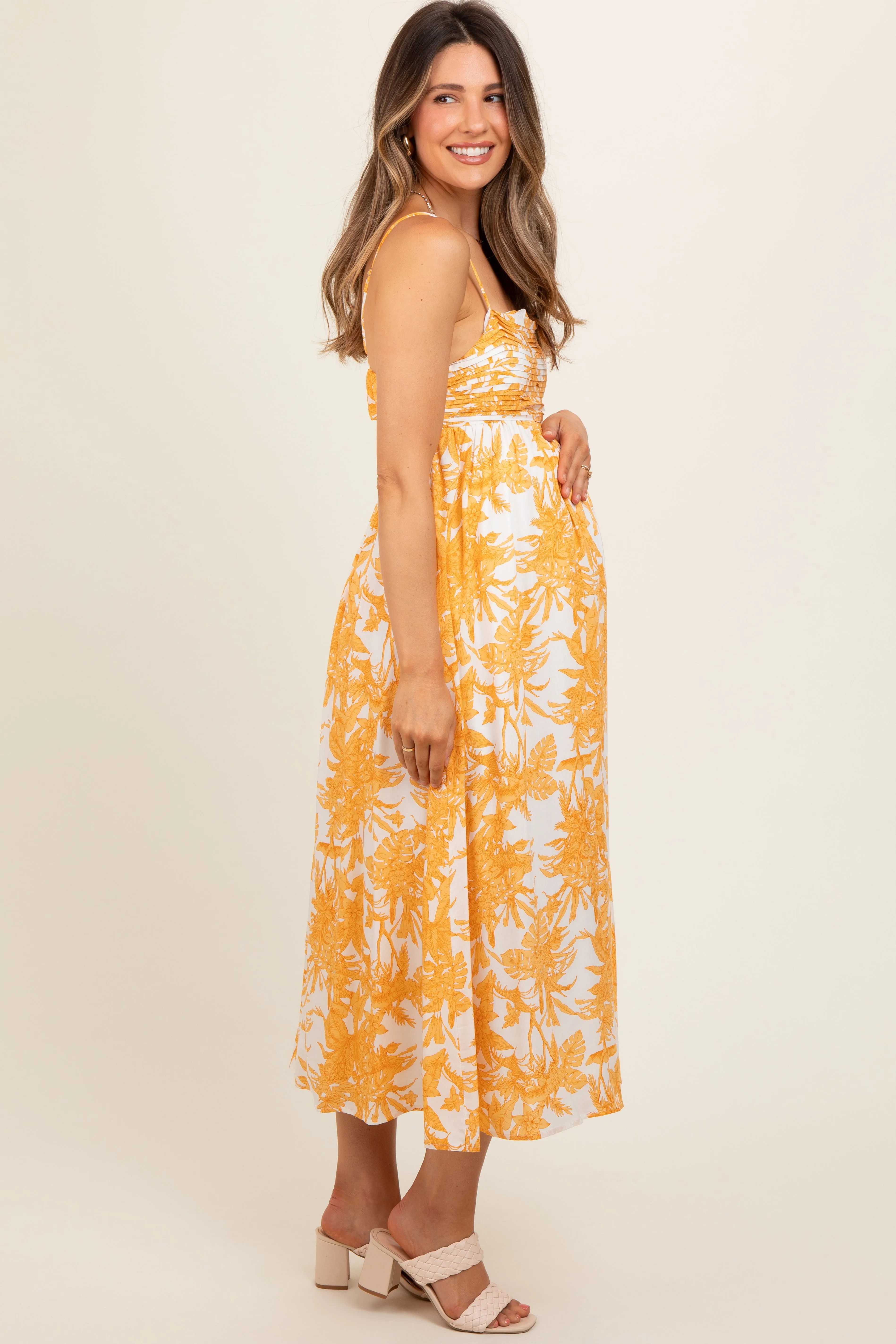 Yellow Floral Pleated Front Back Cut-Out Maternity Midi Dress sold by Pinkblush product image thumbnail 4
