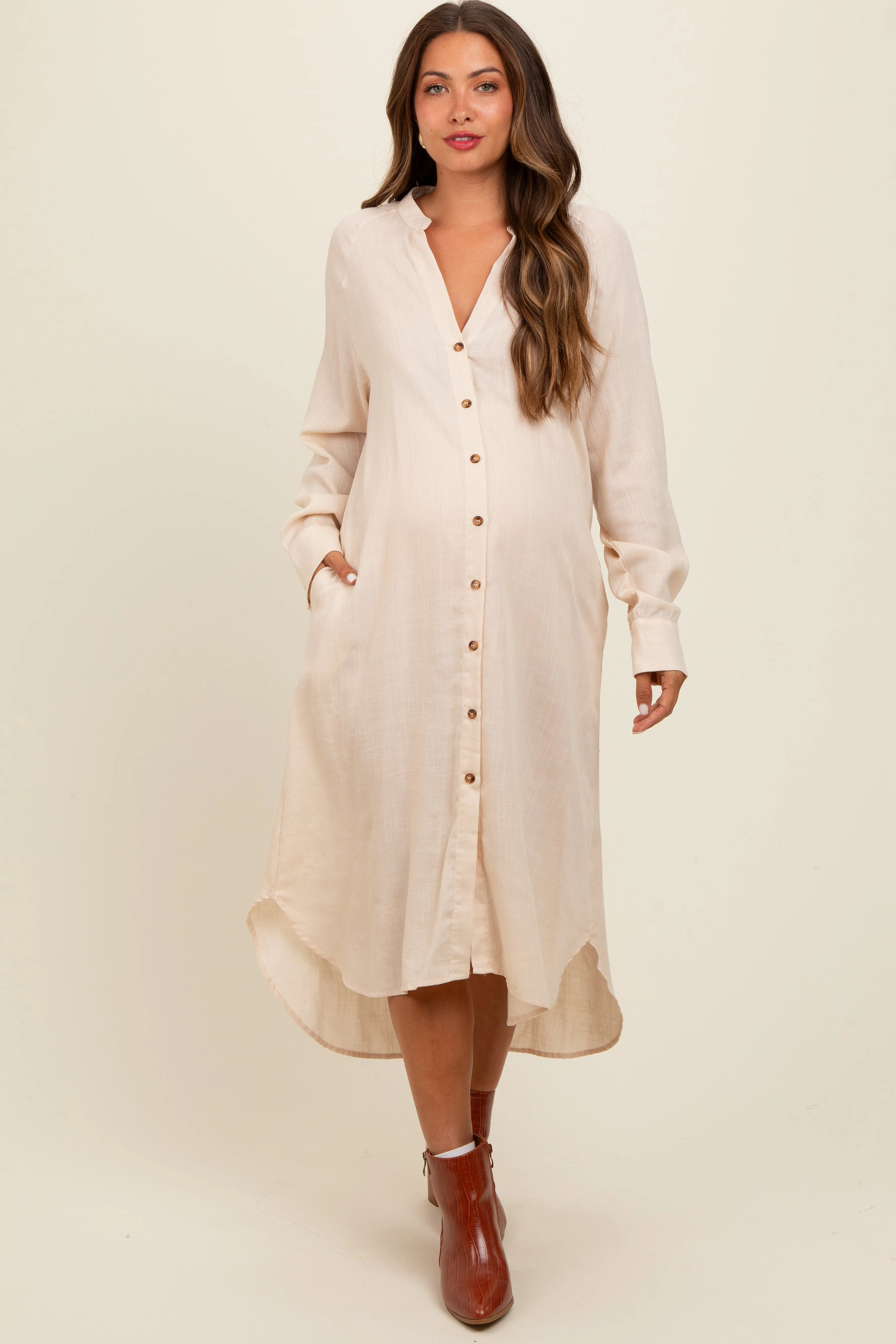 Beige Button Down Maternity Midi Dress sold by Pinkblush product image thumbnail 2