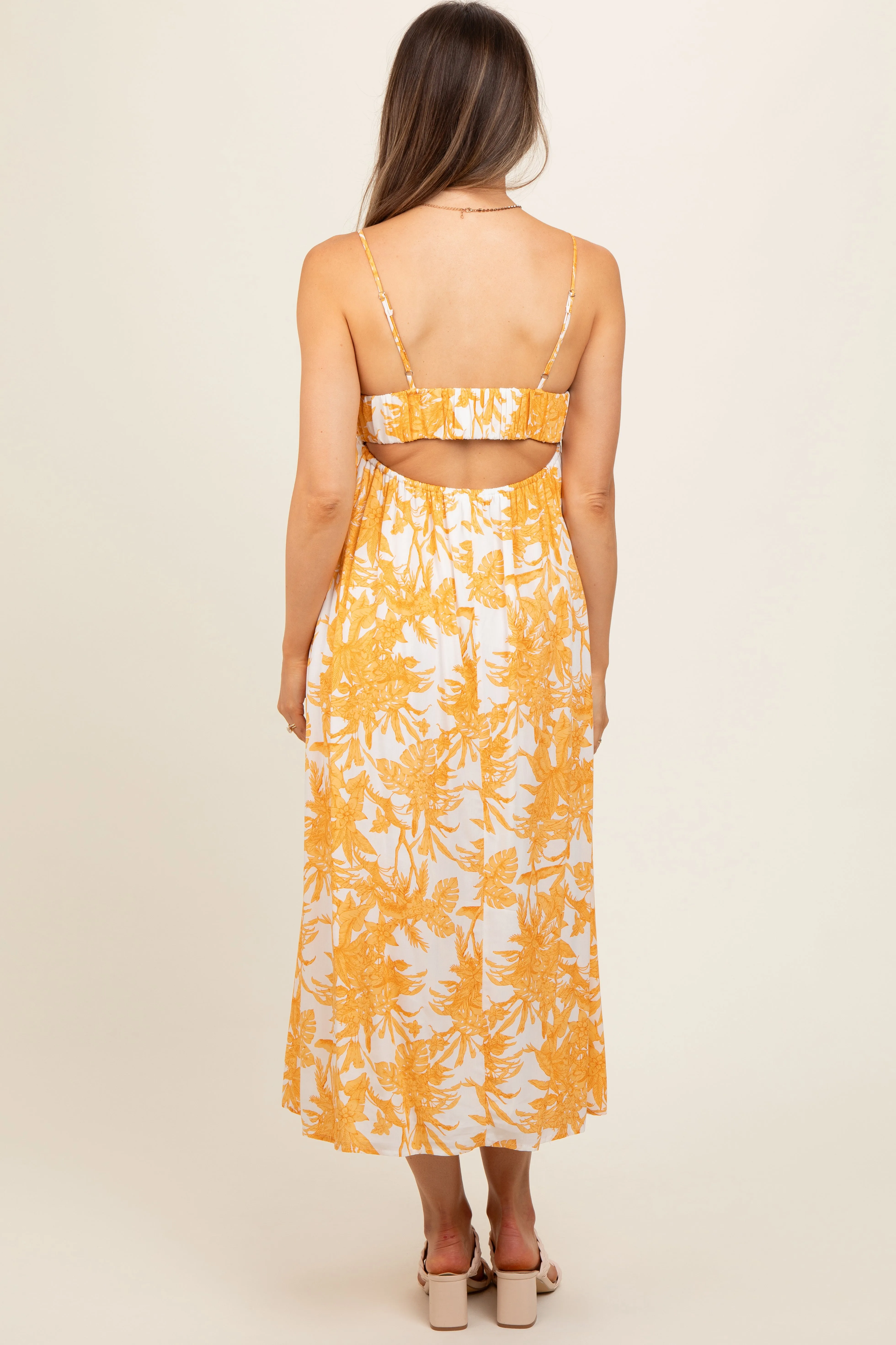 Yellow Floral Pleated Front Back Cut-Out Maternity Midi Dress sold by Pinkblush product image thumbnail 5