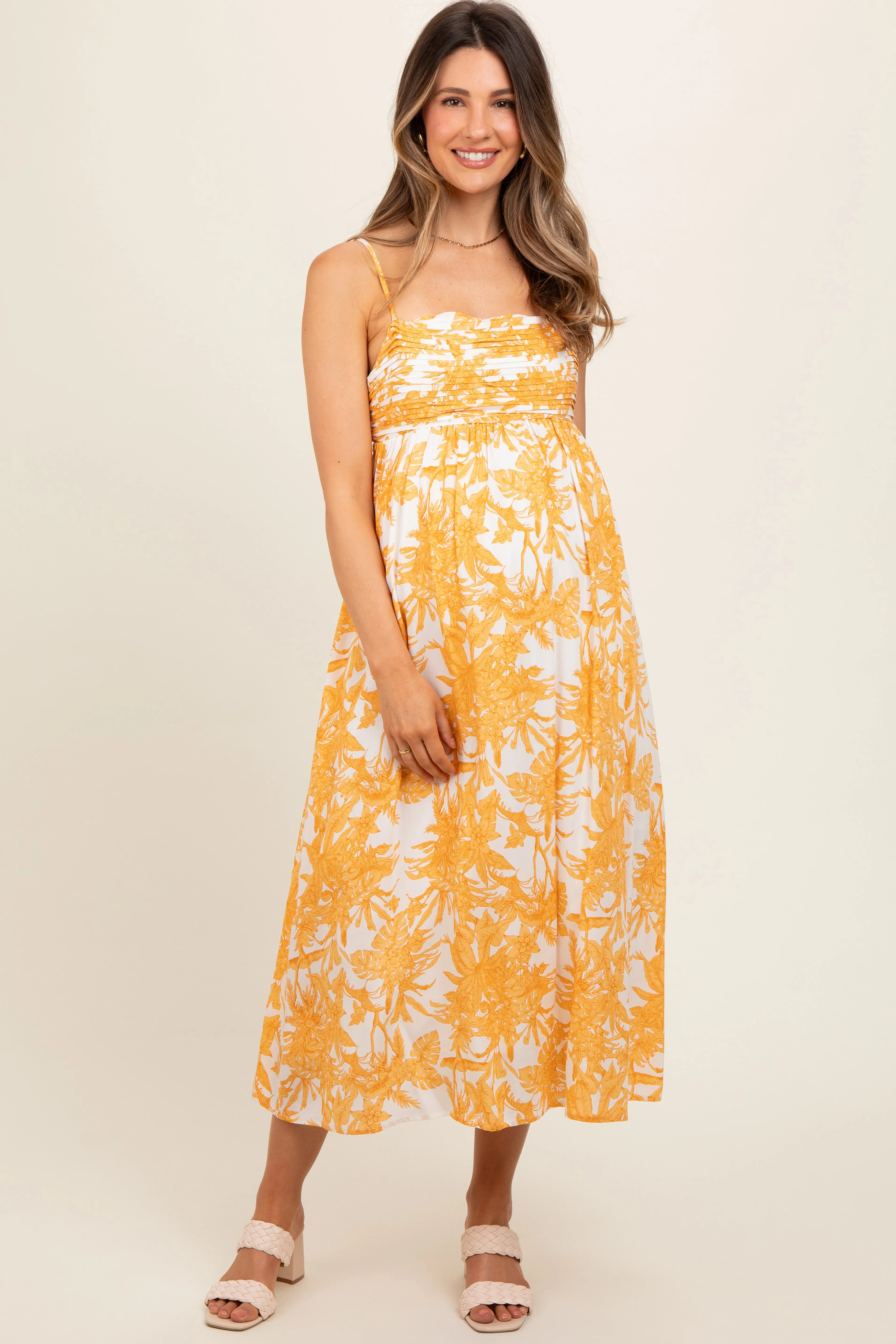 Yellow Floral Pleated Front Back Cut-Out Maternity Midi Dress sold by Pinkblush product image thumbnail 2