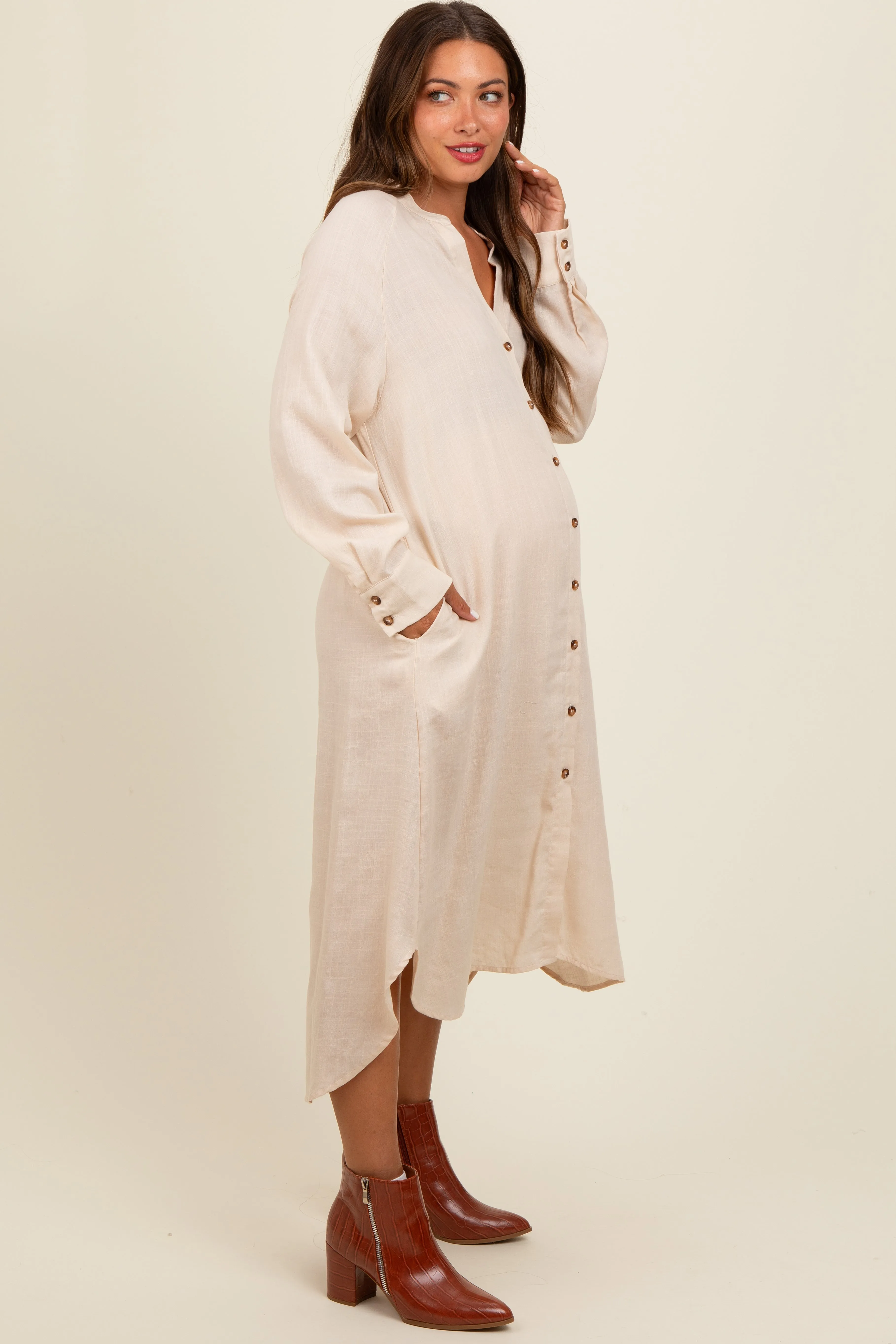 Beige Button Down Maternity Midi Dress sold by Pinkblush product image thumbnail 3