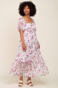 Pink Floral Chiffon Smocked Front Tie Maternity Maxi Dress sold by Pinkblush