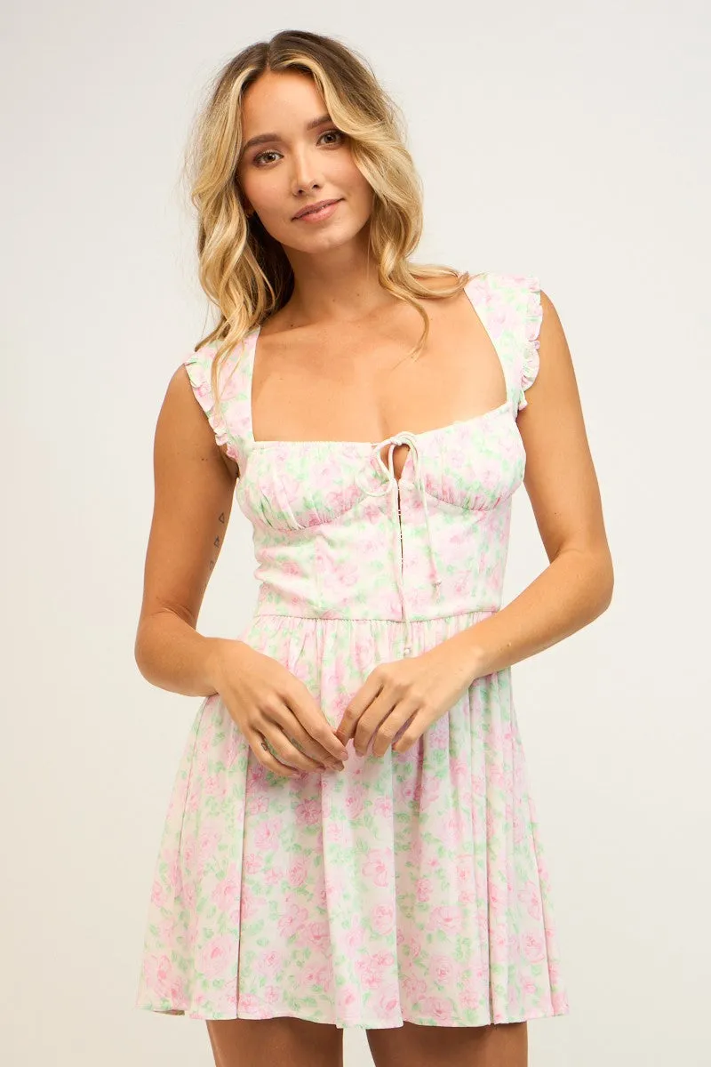 Cream Floral Keyhole Square Neck Open Back Mini Dress sold by Pinkblush