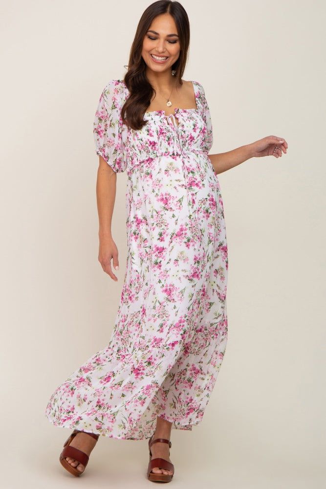 Pink Floral Chiffon Smocked Front Tie Maternity Maxi Dress sold by Pinkblush product image thumbnail 2