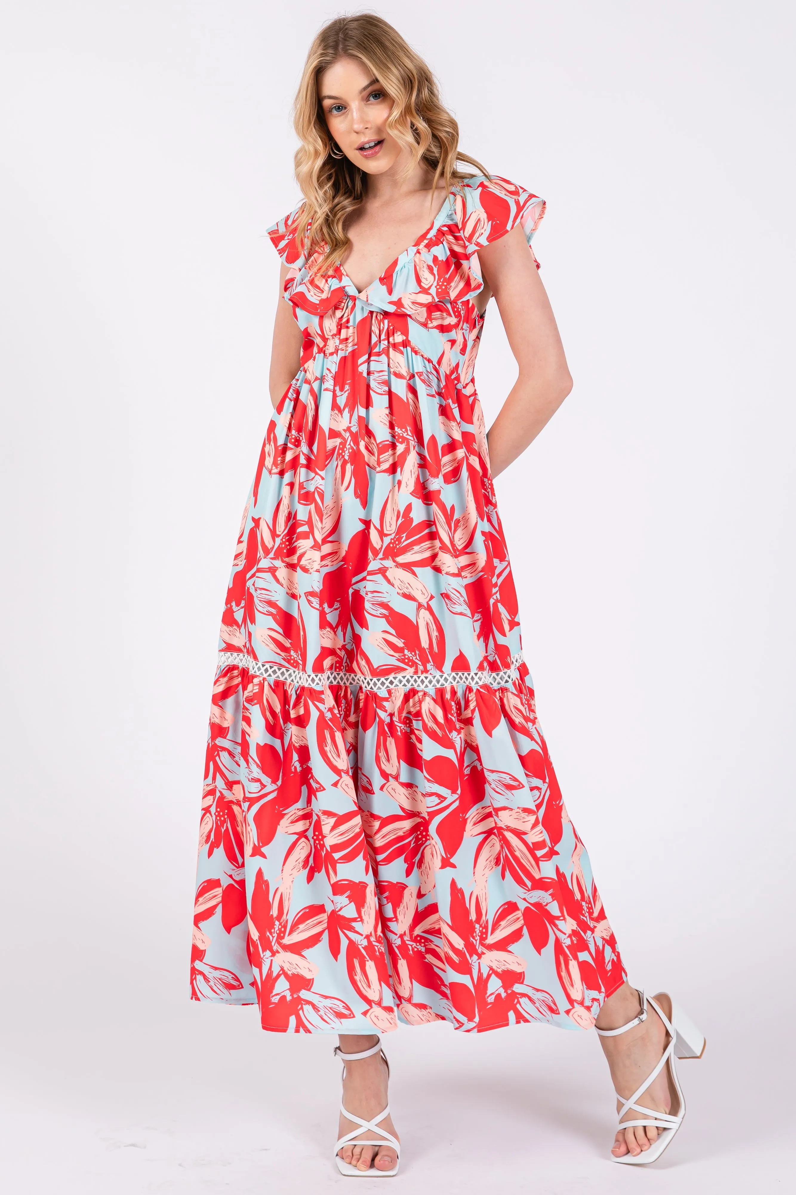Coral Floral Flounce Maternity Maxi Dress sold by Pinkblush product image thumbnail 4