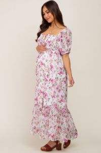 Pink Floral Chiffon Smocked Front Tie Maternity Maxi Dress sold by Pinkblush
