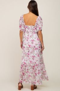 Pink Floral Chiffon Smocked Front Tie Maternity Maxi Dress sold by Pinkblush