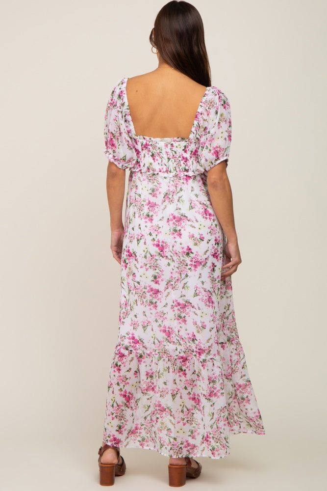 Pink Floral Chiffon Smocked Front Tie Maternity Maxi Dress sold by Pinkblush product image thumbnail 4