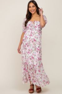 Pink Floral Chiffon Smocked Front Tie Maternity Maxi Dress sold by Pinkblush