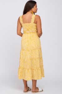 Yellow Gingham Smocked Tiered Maternity Midi Dress sold by Pinkblush