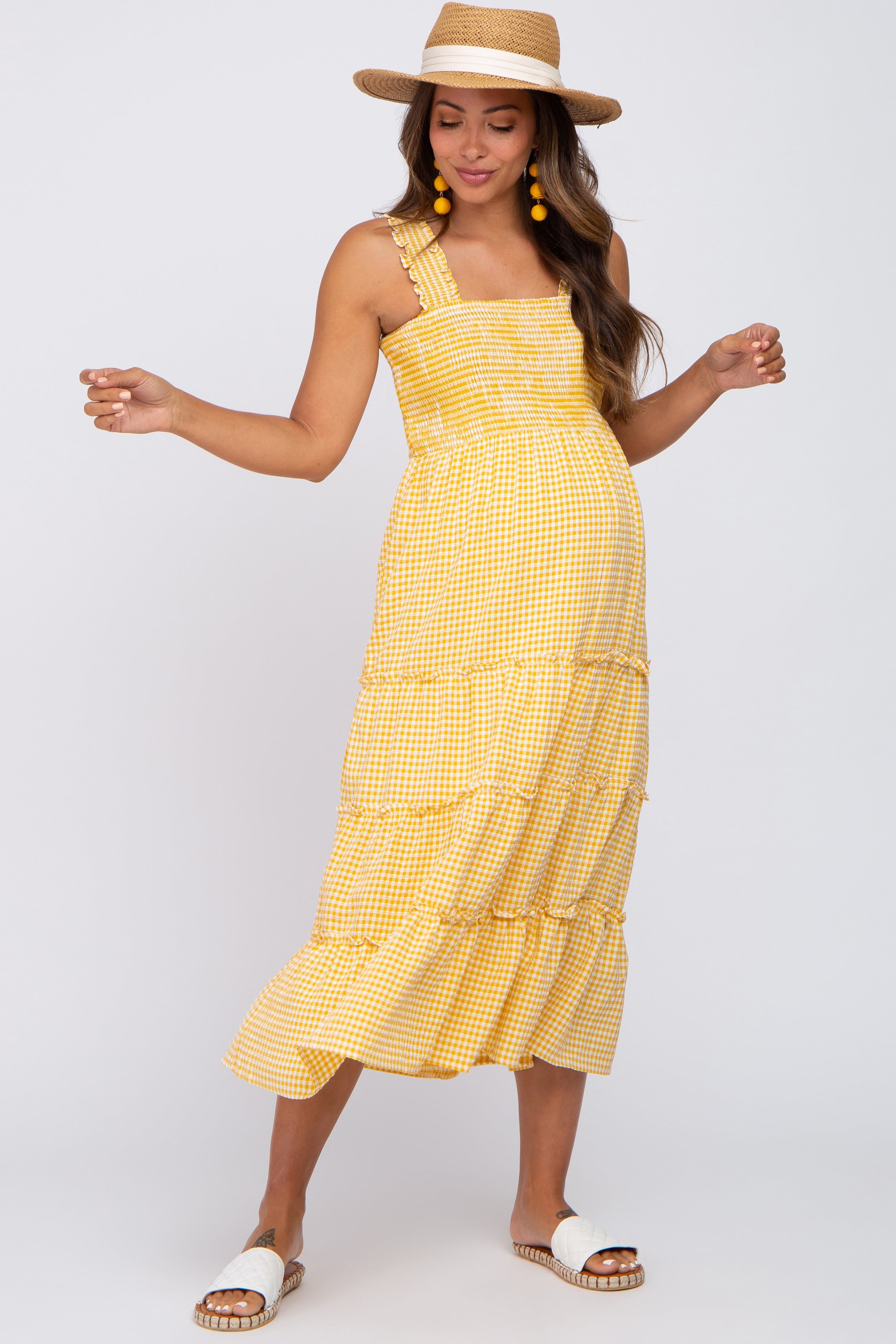 Yellow Gingham Smocked Tiered Maternity Midi Dress sold by Pinkblush