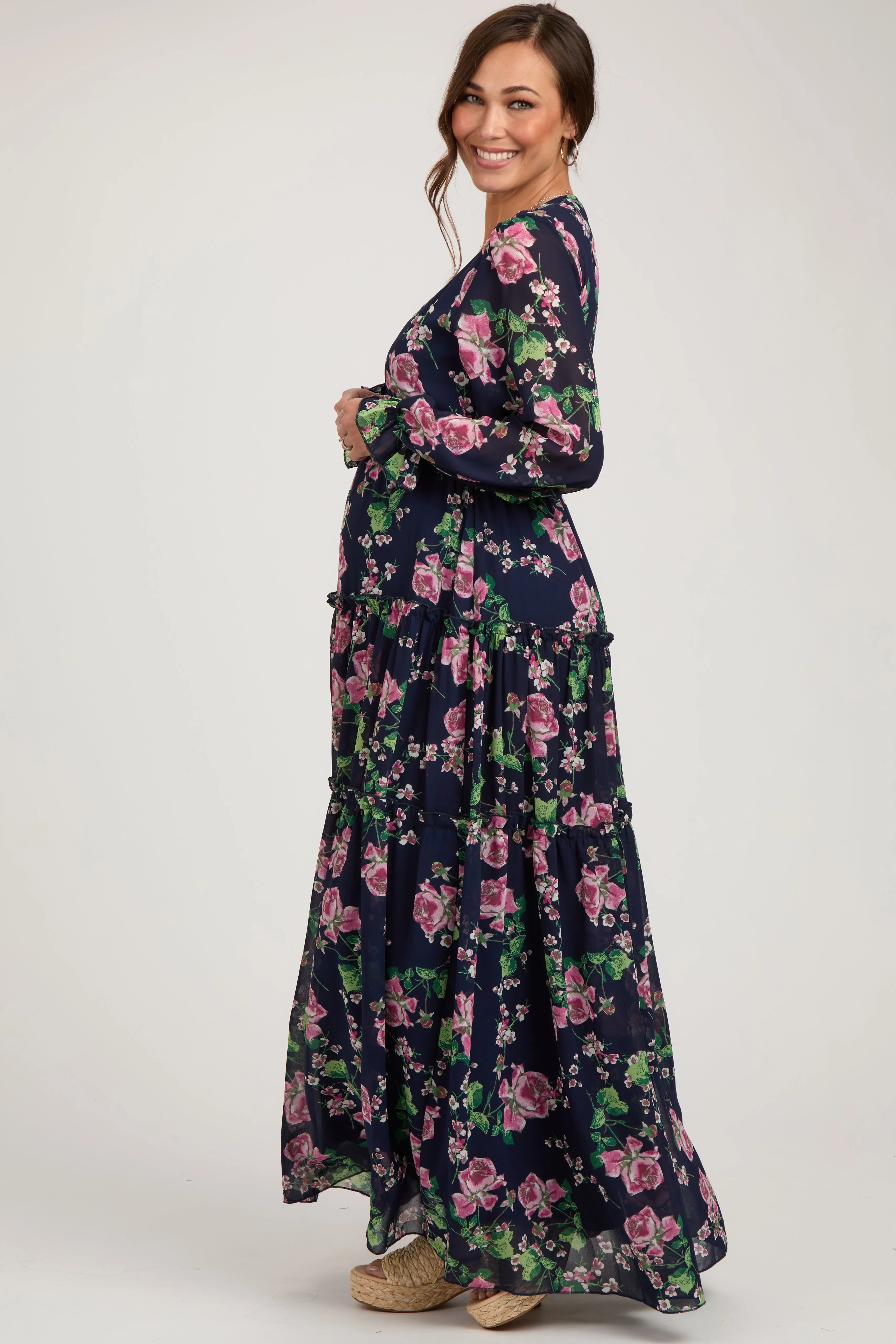 Navy Blue Floral Chiffon Ruffle Tiered Maternity Maxi Dress sold by Pinkblush product image thumbnail 2