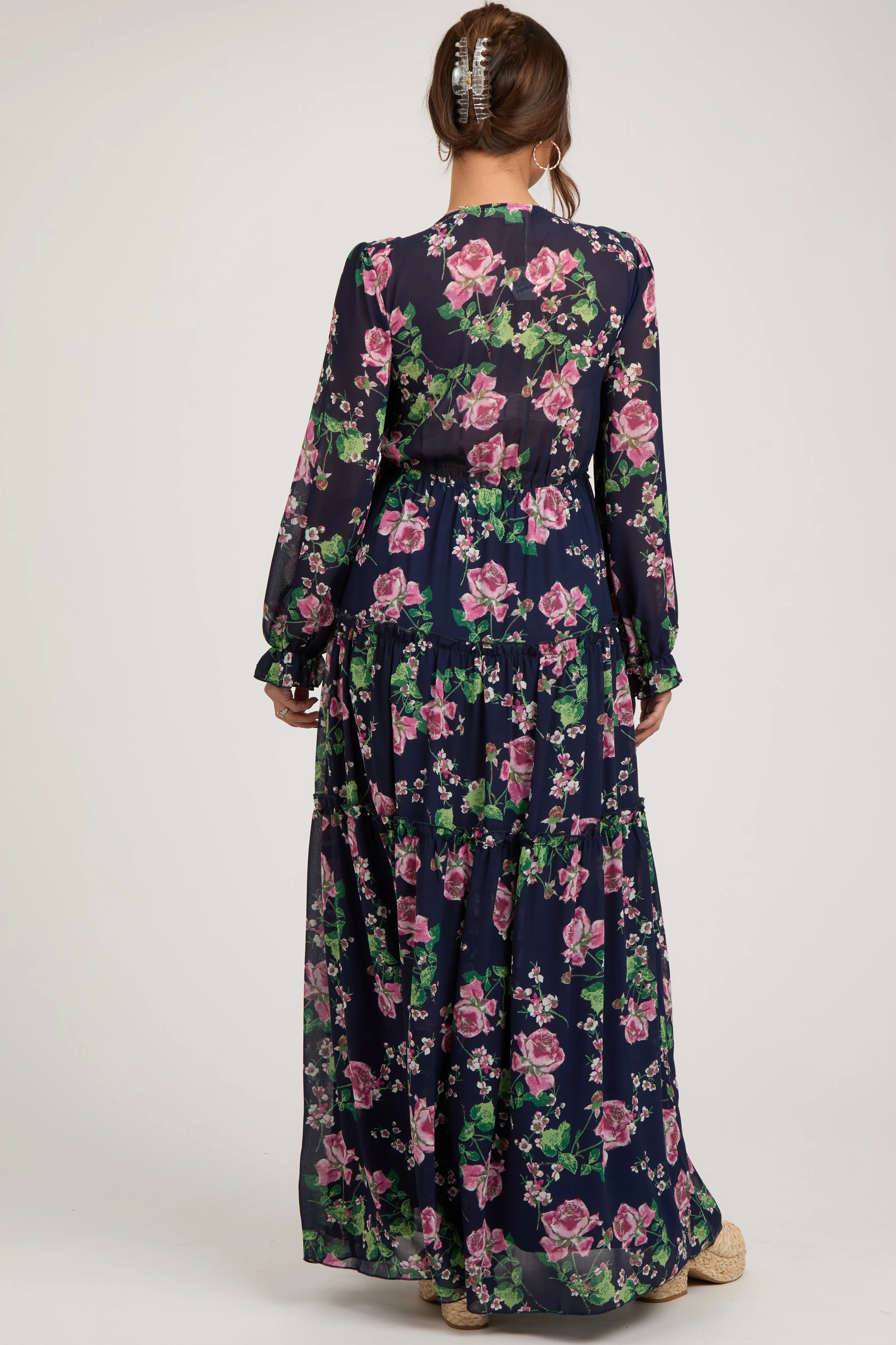Navy Blue Floral Chiffon Ruffle Tiered Maternity Maxi Dress sold by Pinkblush product image thumbnail 3
