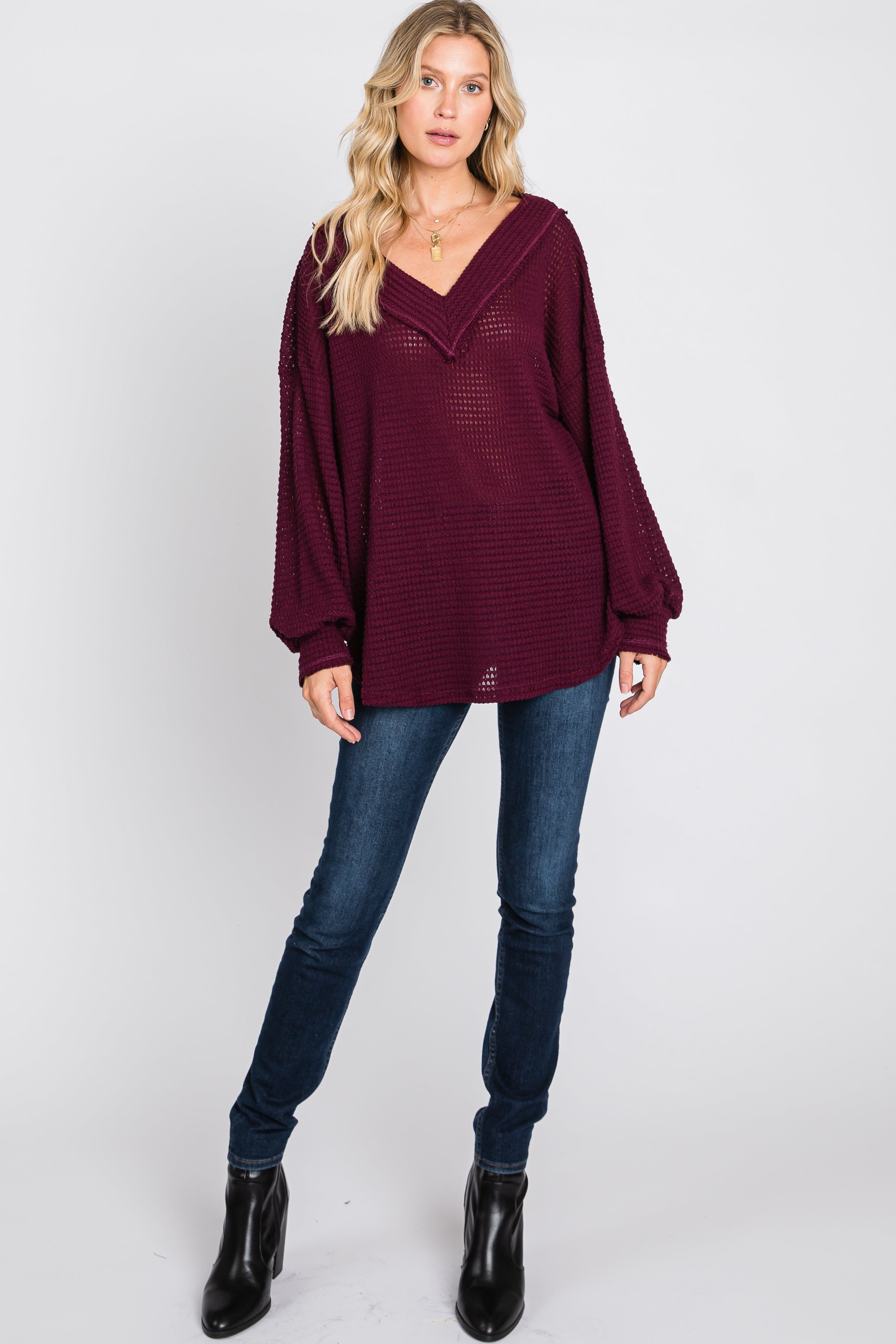 Burgundy Waffle Knit V-Neck Top sold by Pinkblush product image thumbnail 2