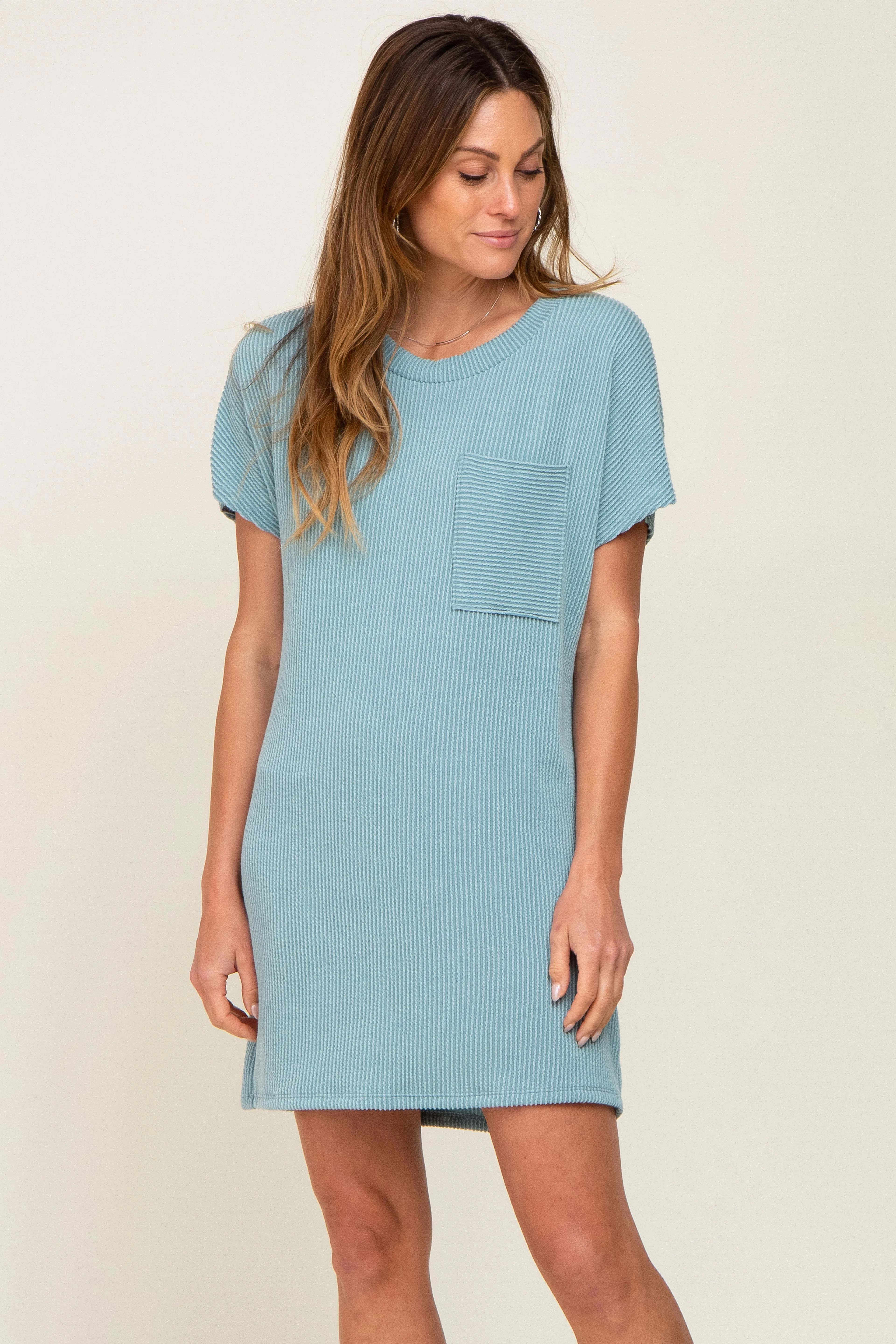 Mint Green Ribbed Front Pocket Dolman Short Sleeve Maternity Dress sold by Pinkblush product image thumbnail 4