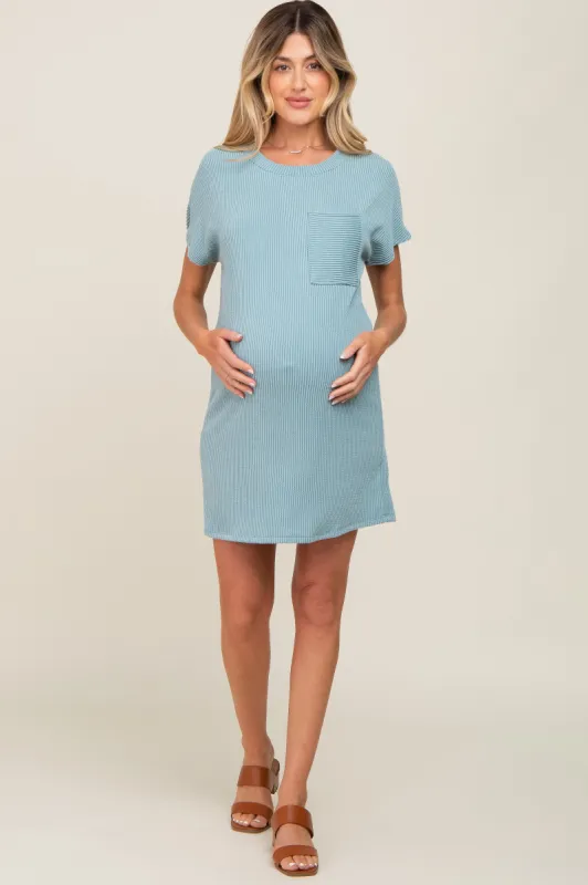 Mint Green Ribbed Front Pocket Dolman Short Sleeve Maternity Dress sold by Pinkblush