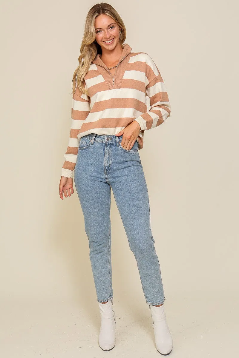 Taupe Cream Polo Half Zip Up Striped Sweater Top sold by Pinkblush product image thumbnail 4