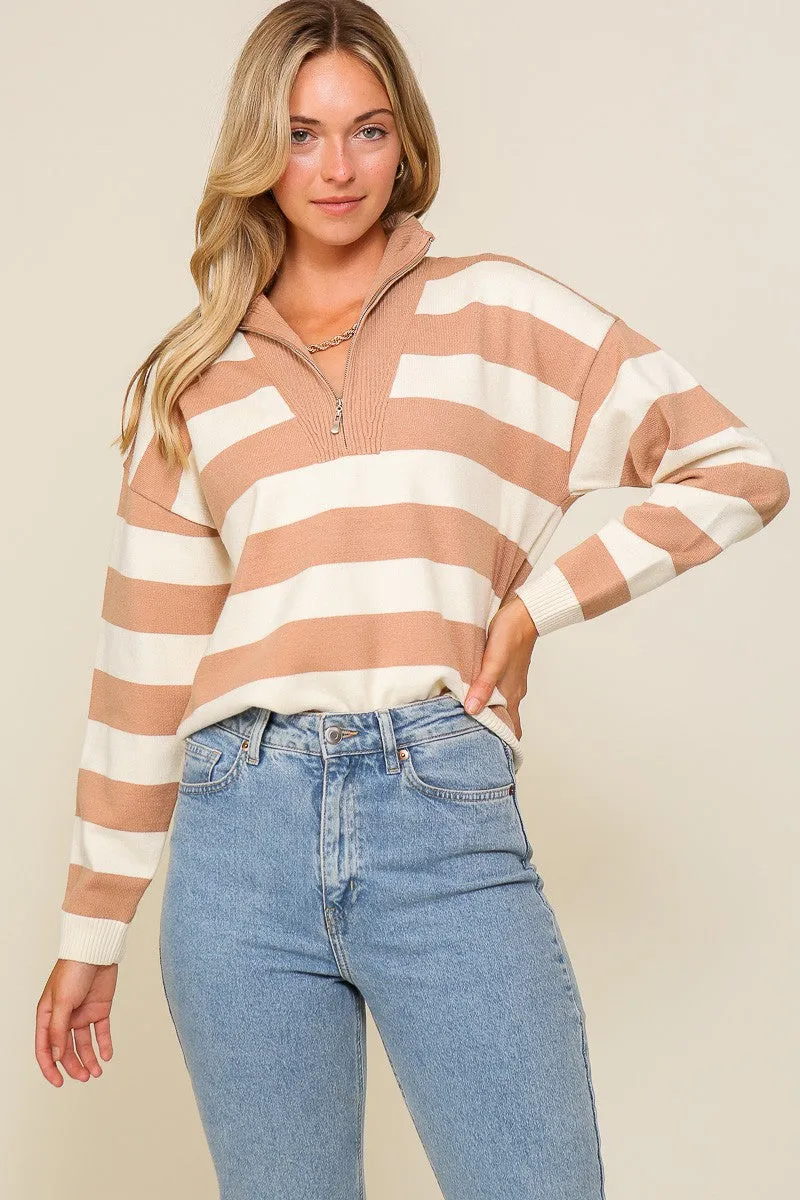 Taupe Cream Polo Half Zip Up Striped Sweater Top sold by Pinkblush