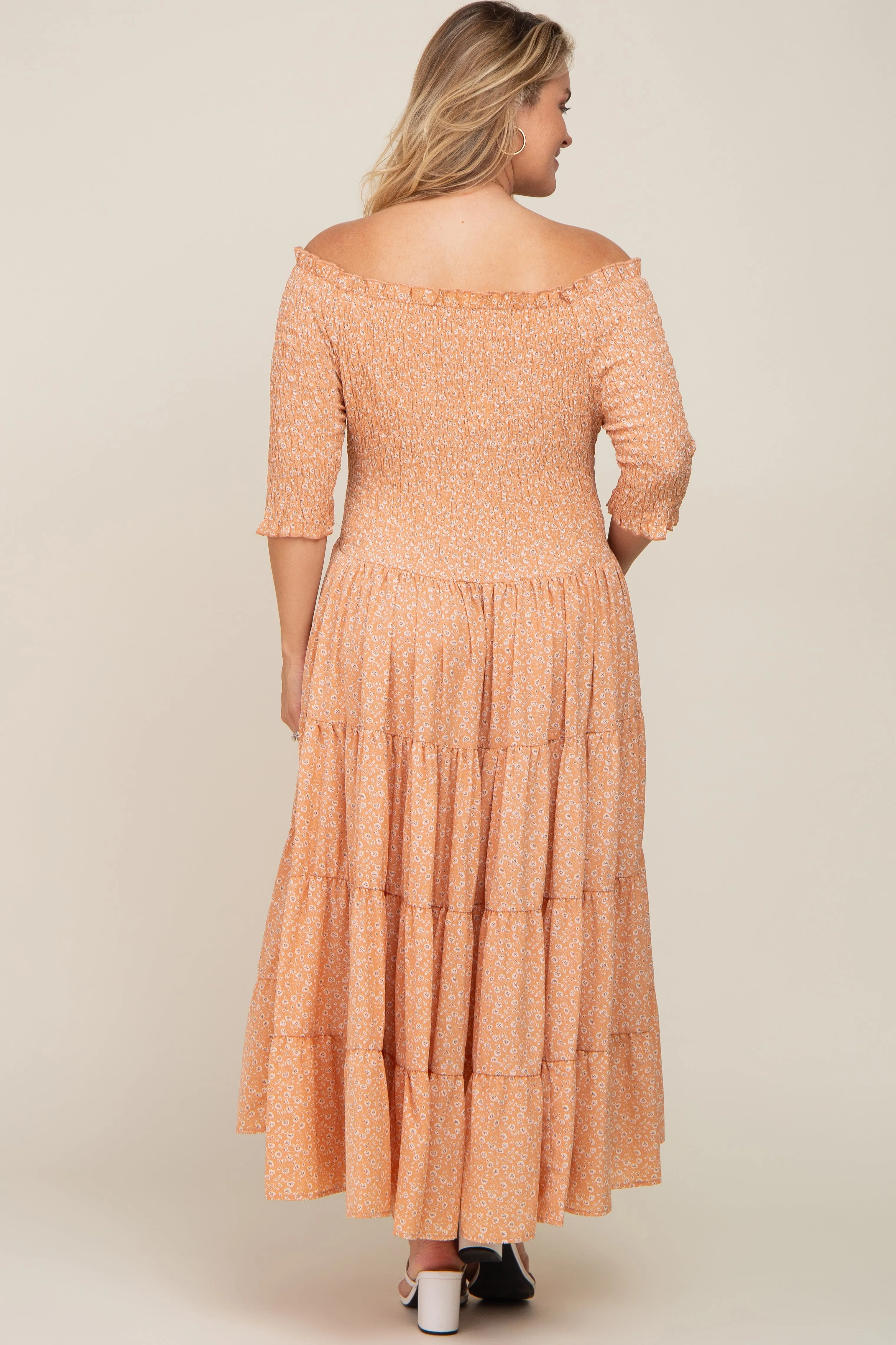 Peach Ditsy Smocked Tiered Off Shoulder Maternity Plus Midi Dress sold by Pinkblush product image thumbnail 3
