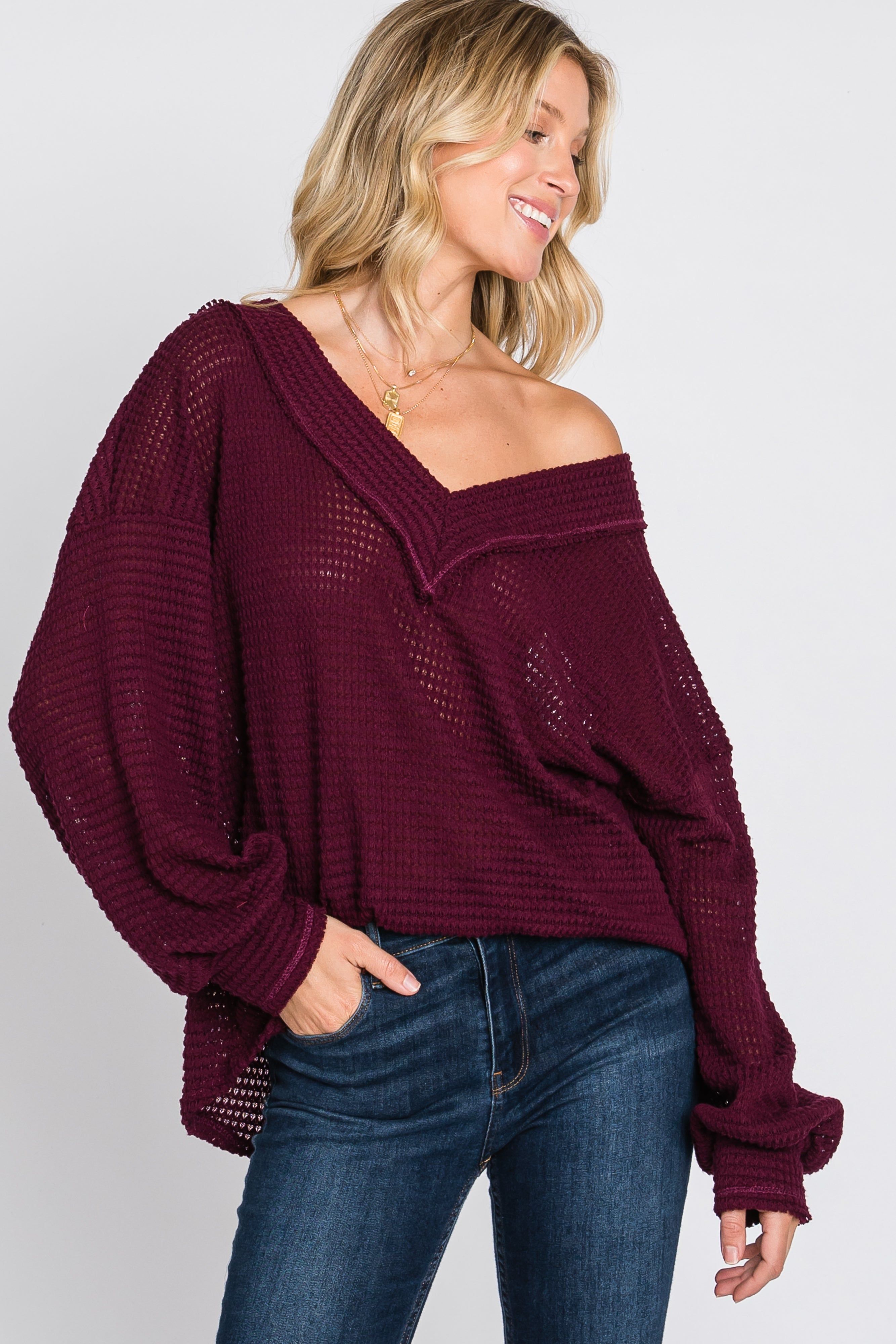 Burgundy Waffle Knit V-Neck Top sold by Pinkblush product image thumbnail 12