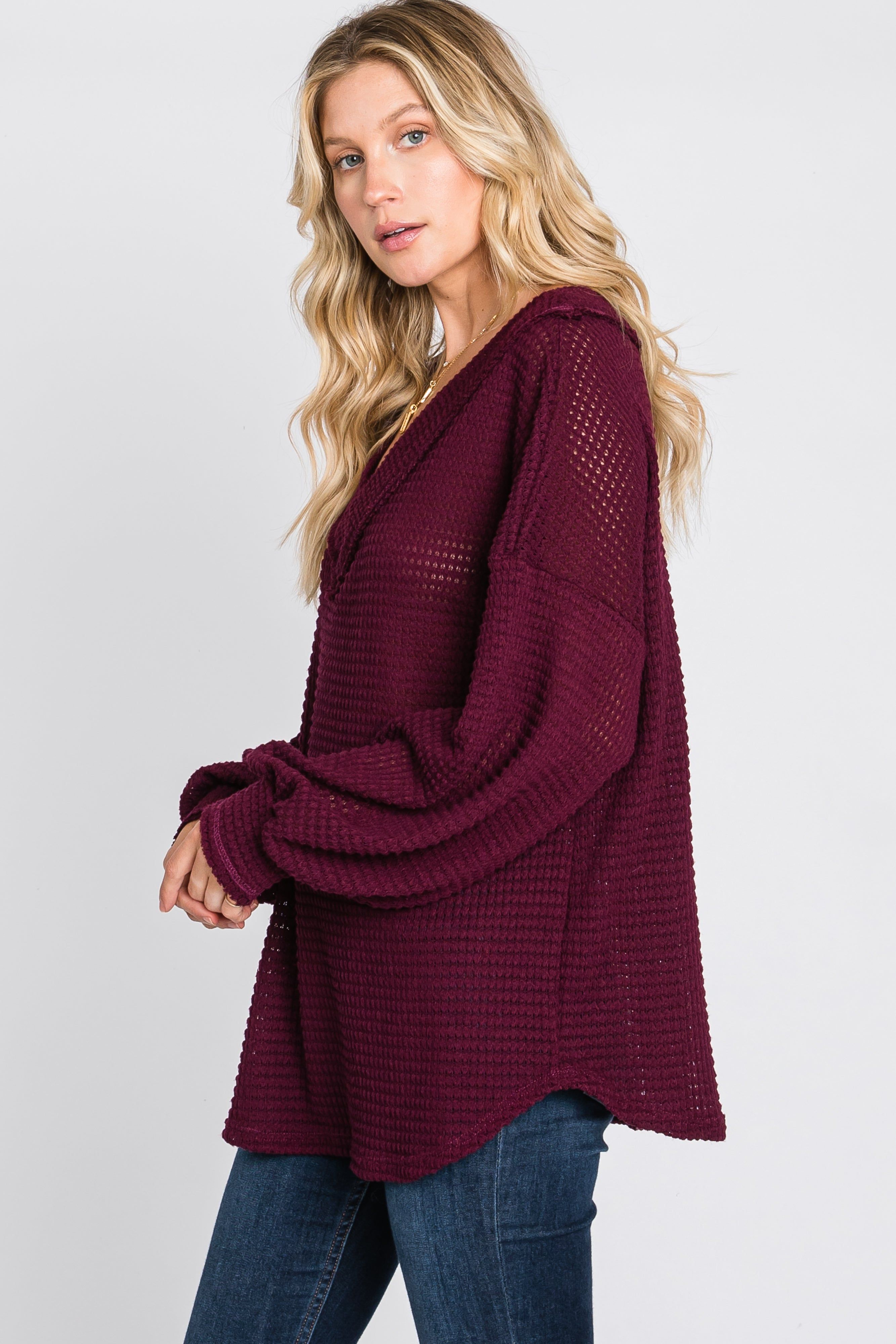 Burgundy Waffle Knit V-Neck Top sold by Pinkblush product image thumbnail 6