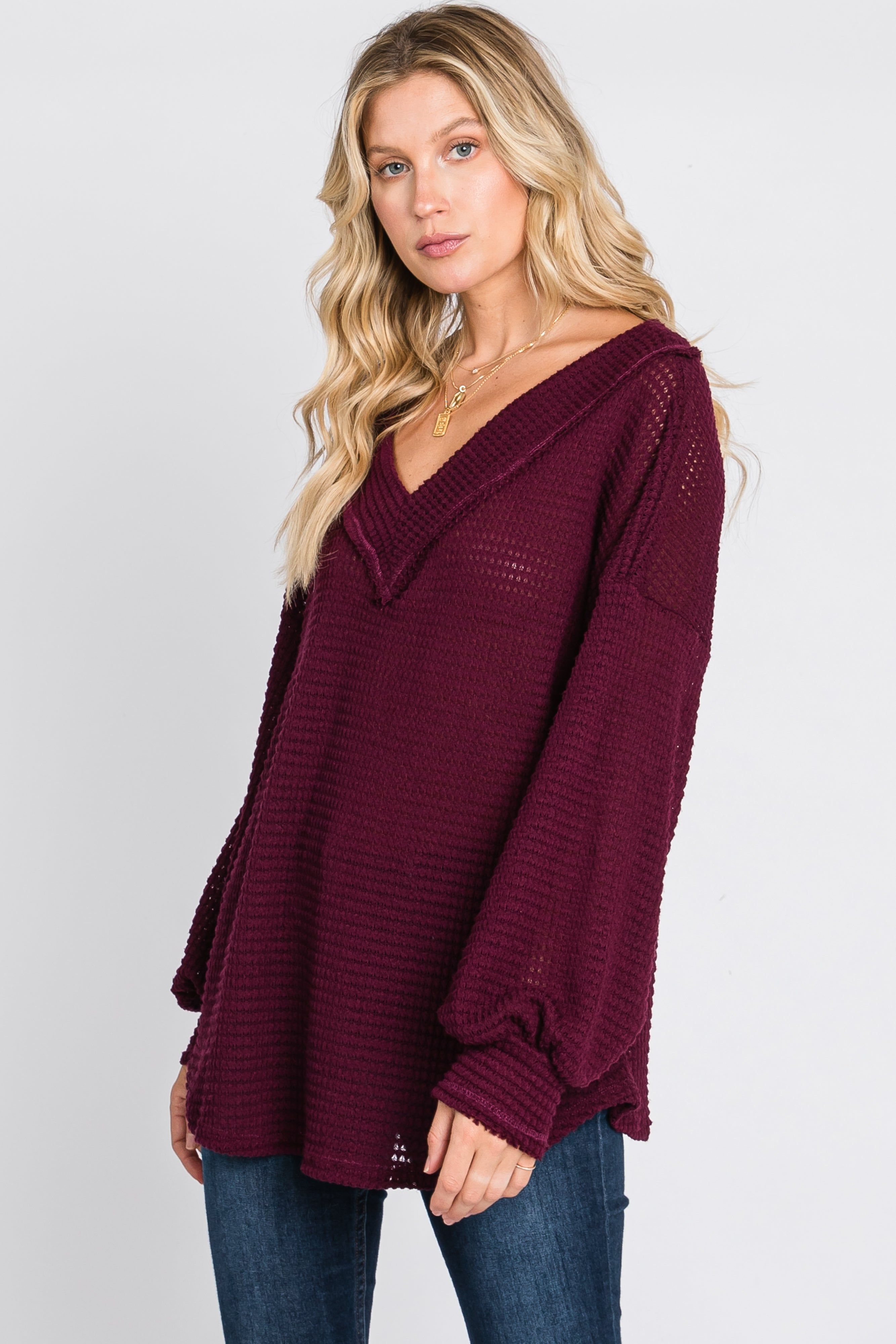 Burgundy Waffle Knit V-Neck Top sold by Pinkblush product image thumbnail 3