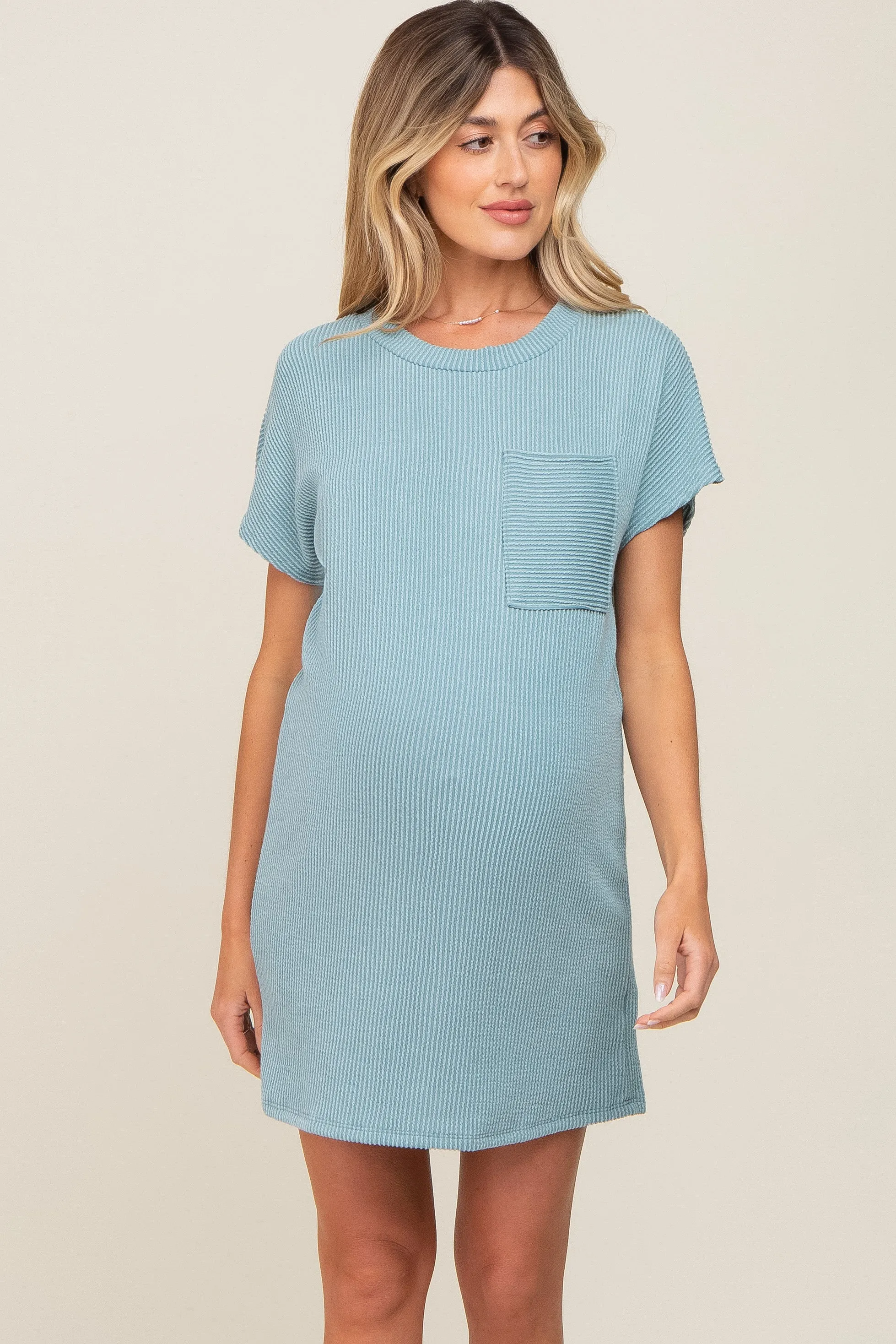 Mint Green Ribbed Front Pocket Dolman Short Sleeve Maternity Dress sold by Pinkblush product image thumbnail 2