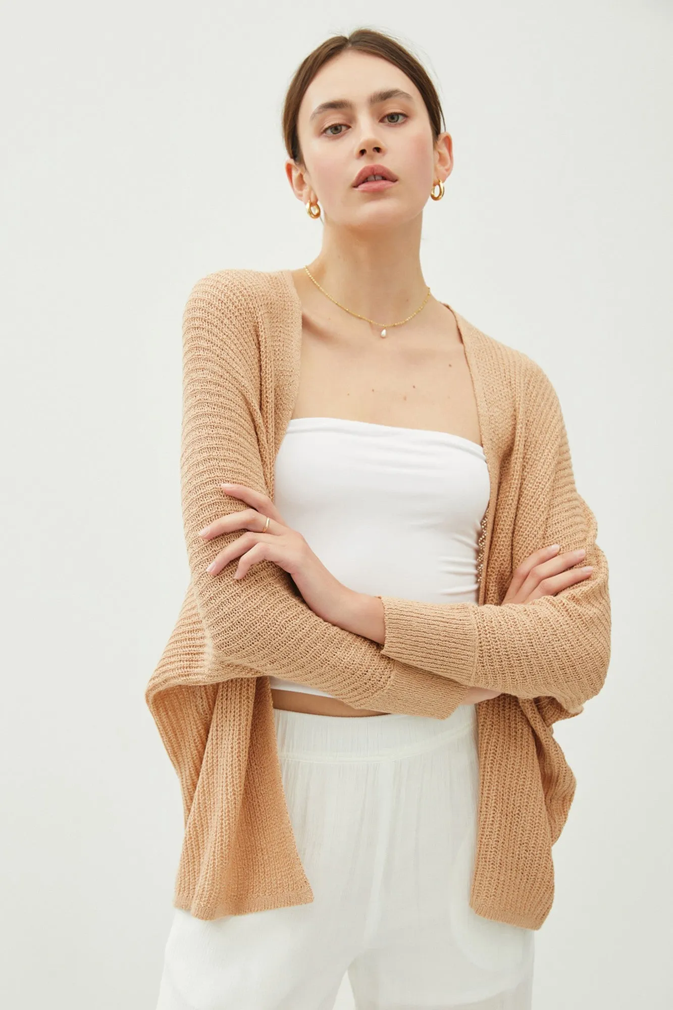 Beige Knit Dolman Sleeve Cardigan sold by Pinkblush