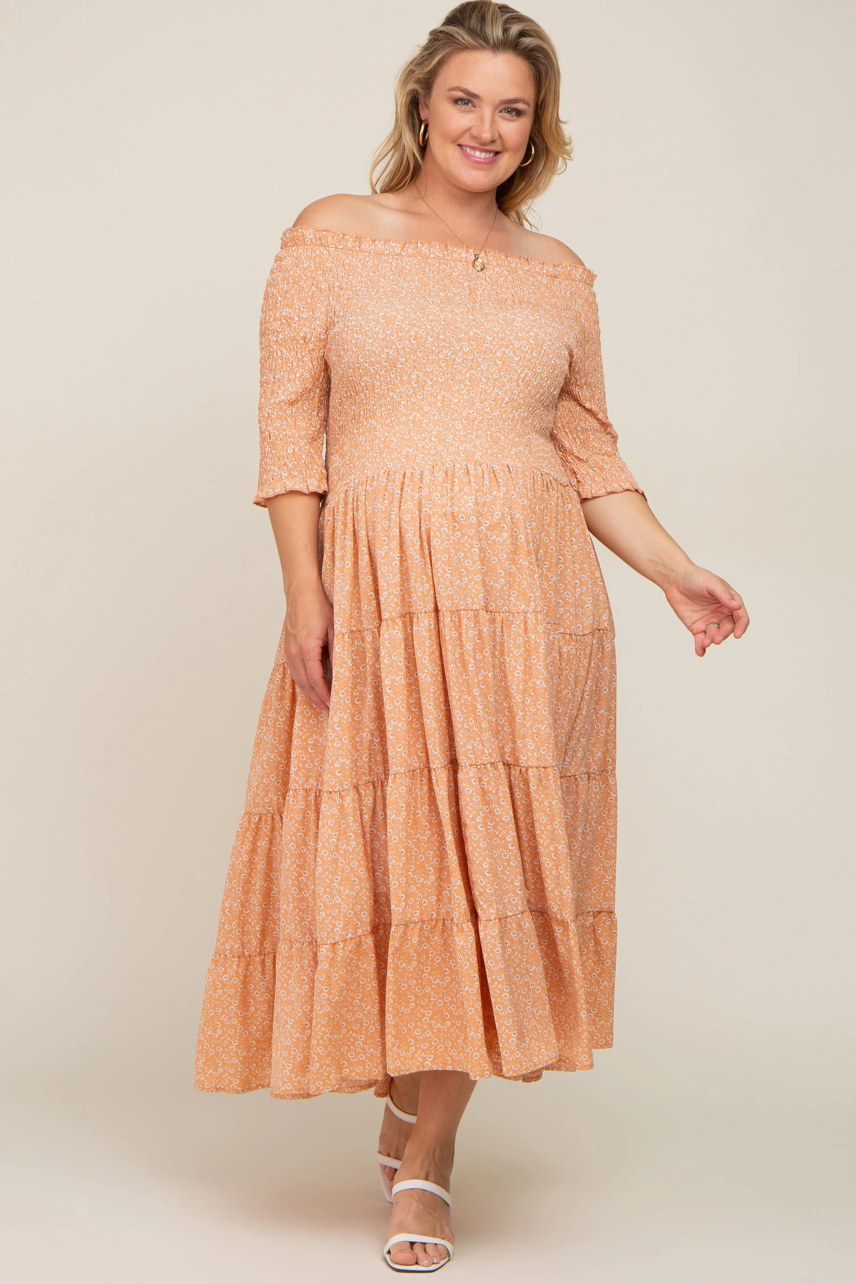 Peach Ditsy Smocked Tiered Off Shoulder Maternity Plus Midi Dress sold by Pinkblush product image thumbnail 4