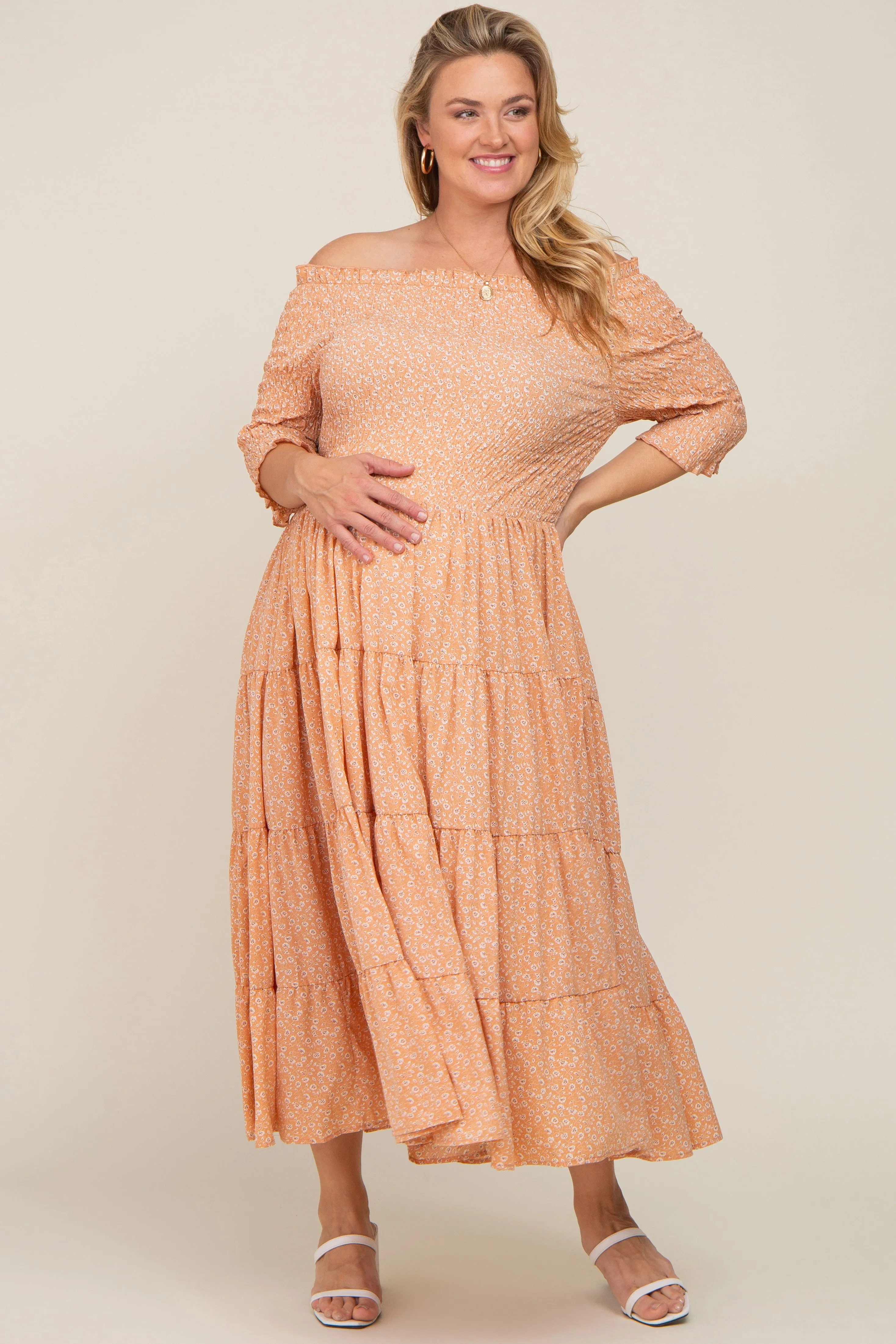 Peach Ditsy Smocked Tiered Off Shoulder Maternity Plus Midi Dress sold by Pinkblush