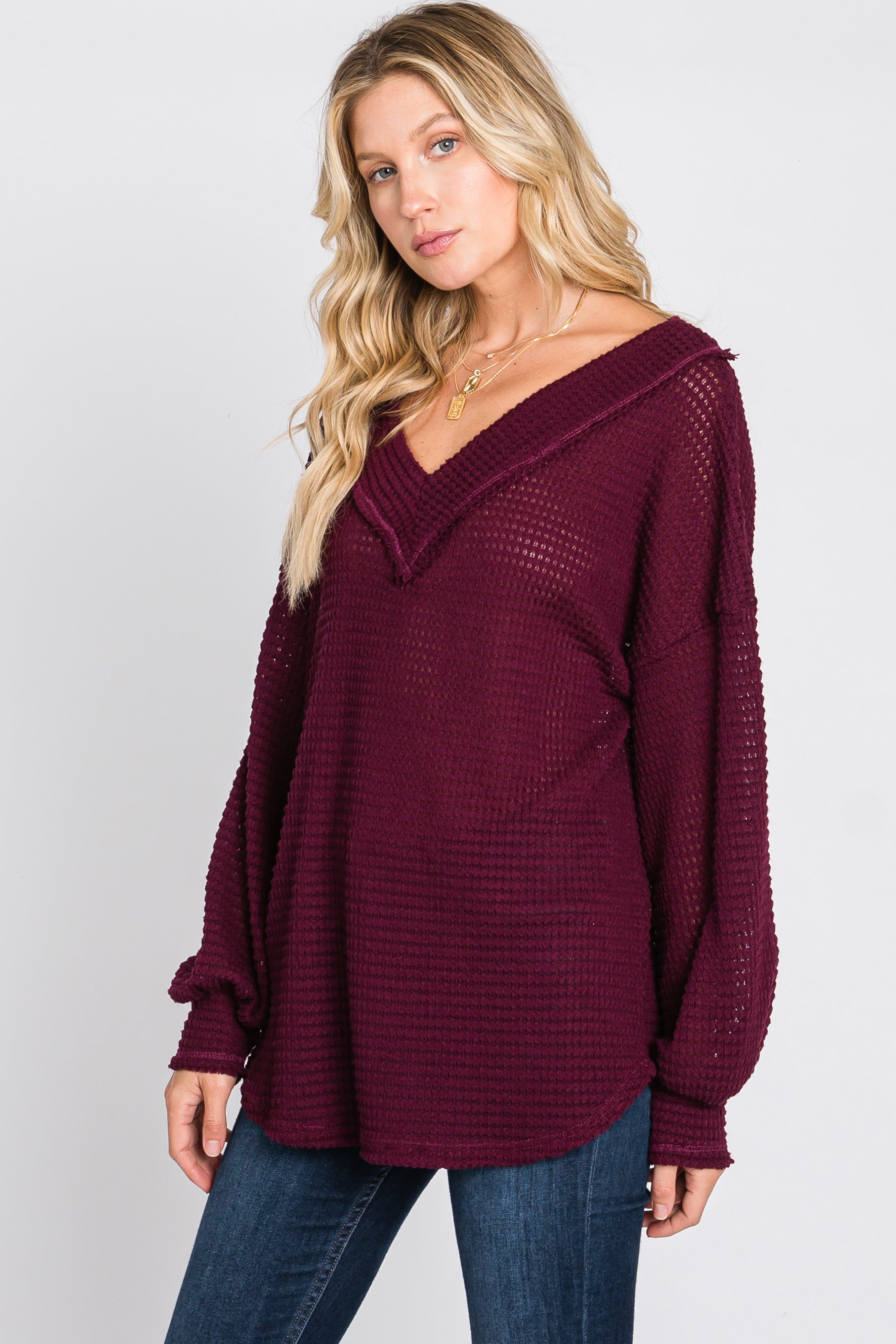 Burgundy Waffle Knit V-Neck Top sold by Pinkblush product image thumbnail 7