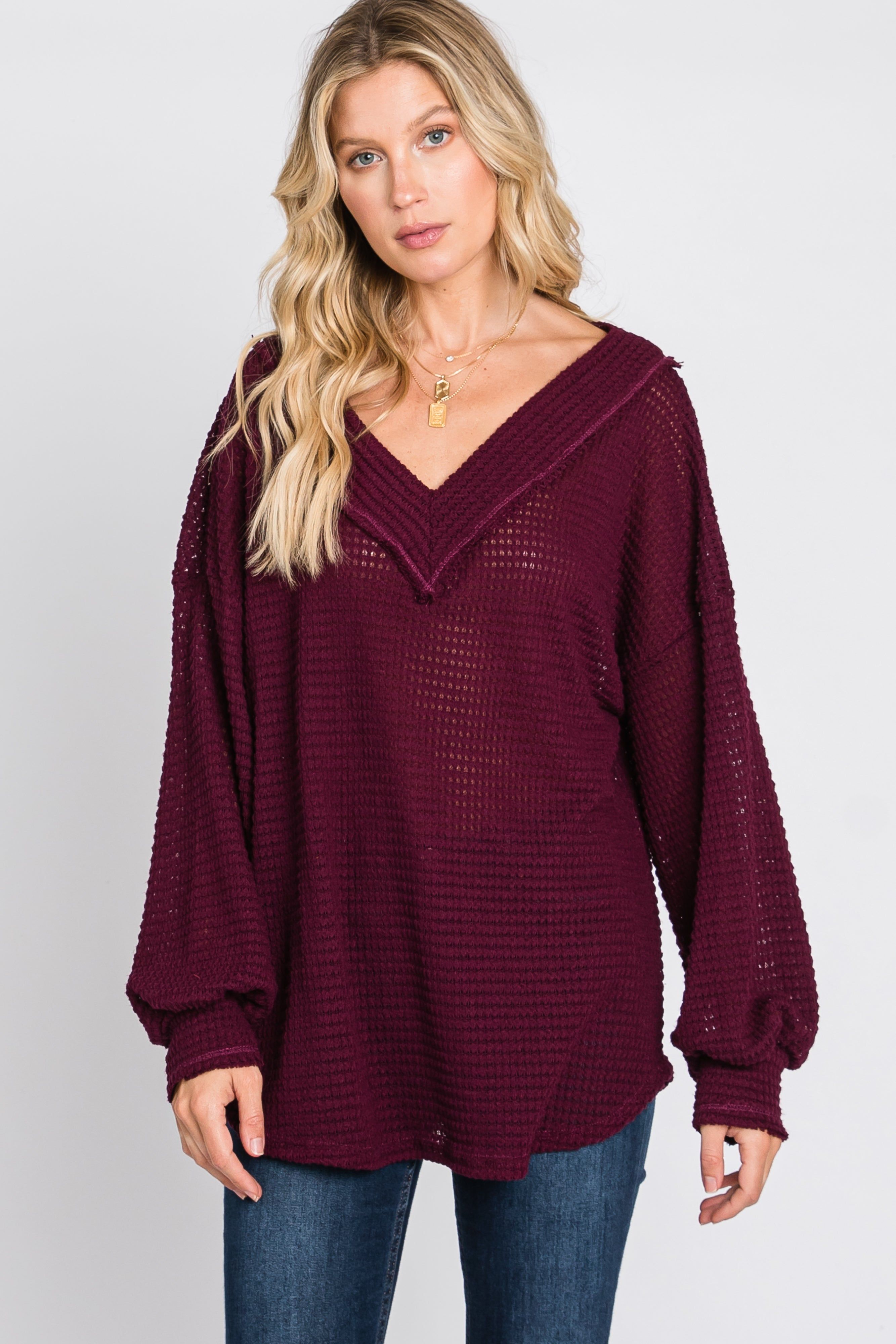 Burgundy Waffle Knit V-Neck Top sold by Pinkblush product image thumbnail 4