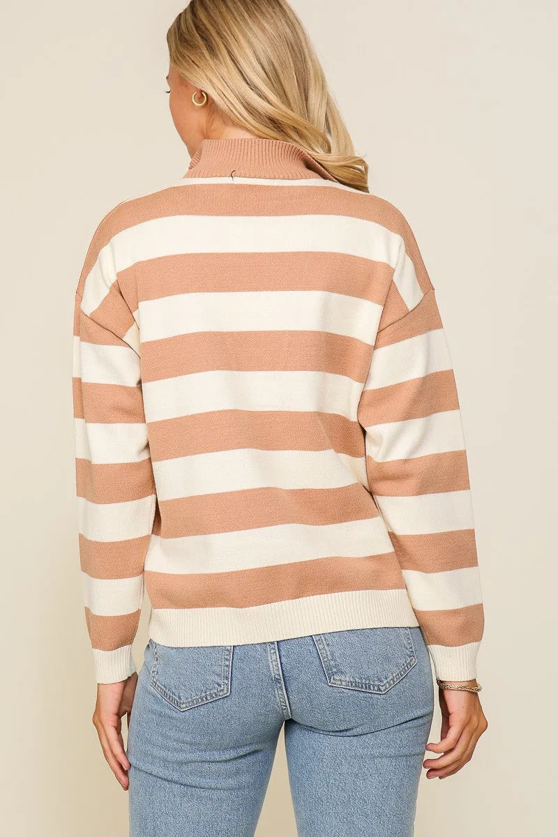 Taupe Cream Polo Half Zip Up Striped Sweater Top sold by Pinkblush product image thumbnail 3