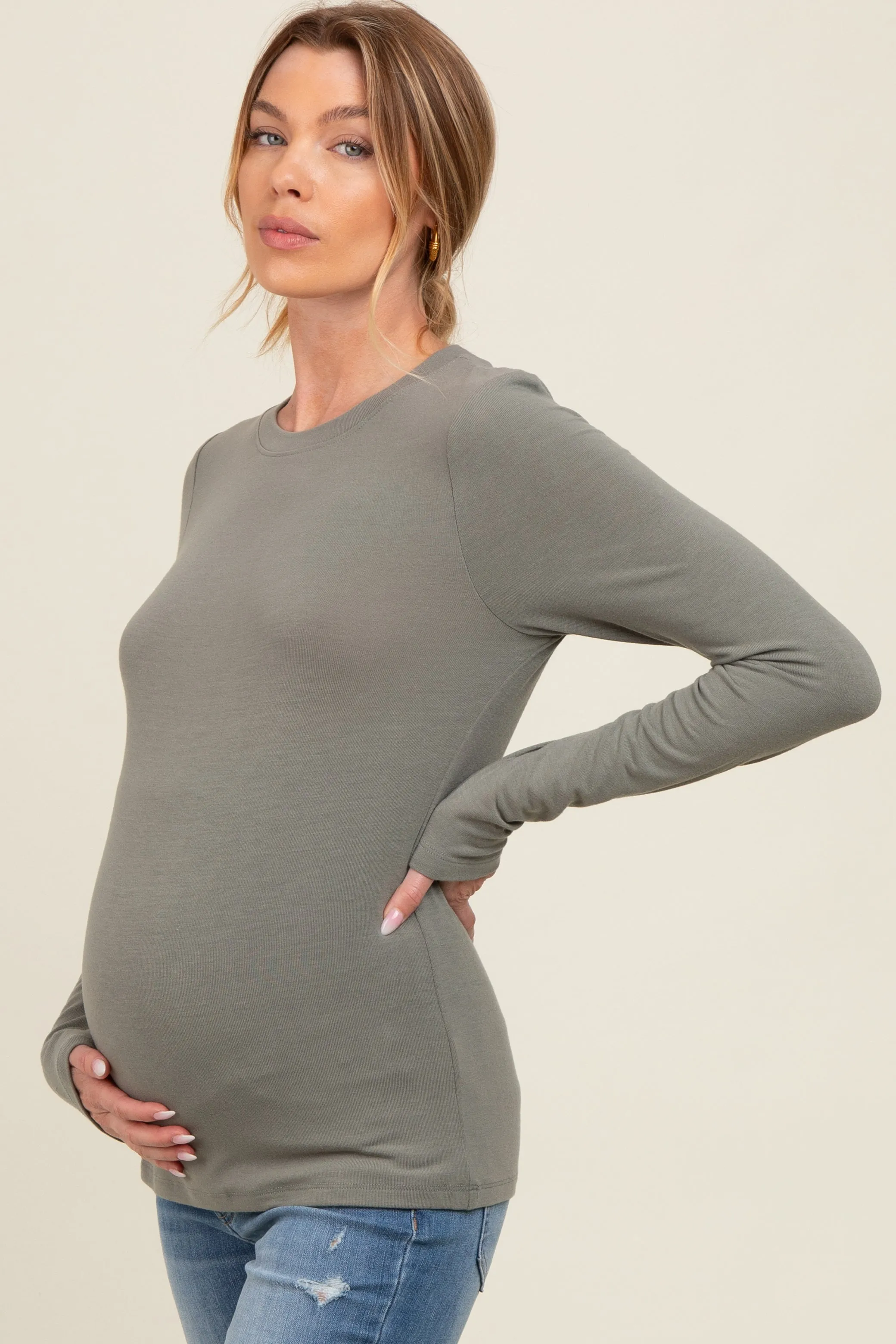 Olive Basic Fitted Maternity Long Sleeve Top sold by Pinkblush product image thumbnail 3