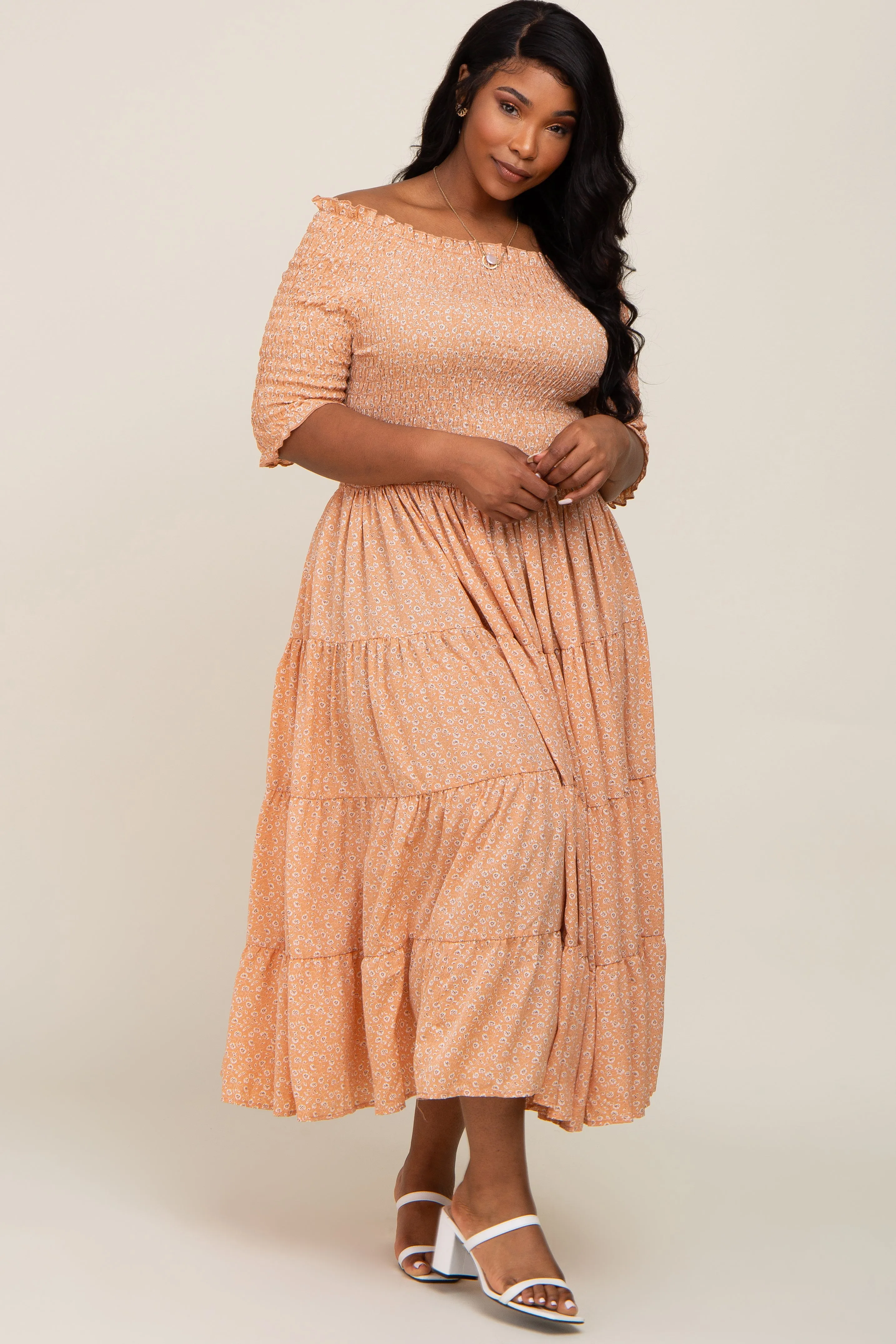Peach Ditsy Smocked Tiered Off Shoulder Maternity Plus Midi Dress sold by Pinkblush product image thumbnail 5