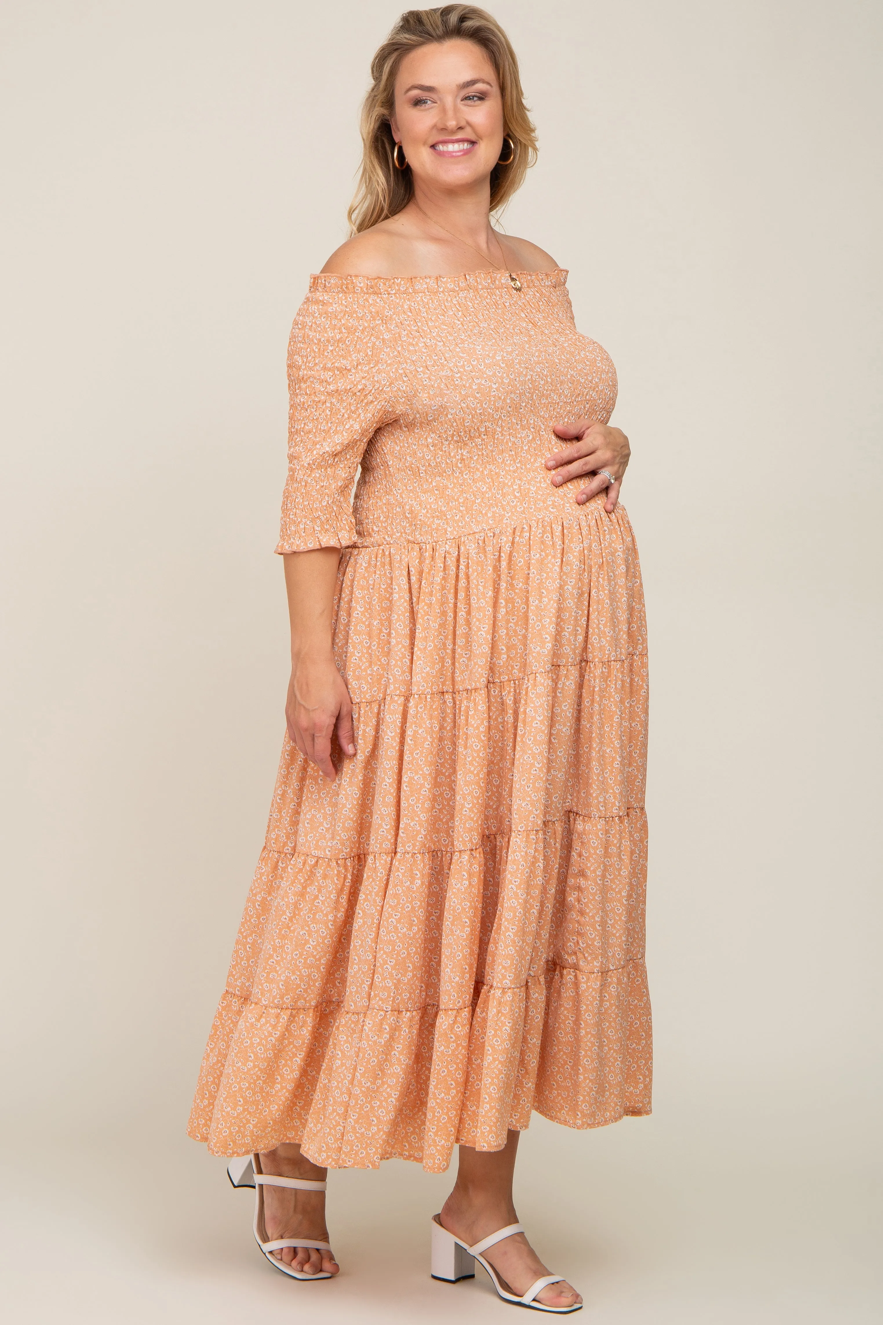 Peach Ditsy Smocked Tiered Off Shoulder Maternity Plus Midi Dress sold by Pinkblush product image thumbnail 2