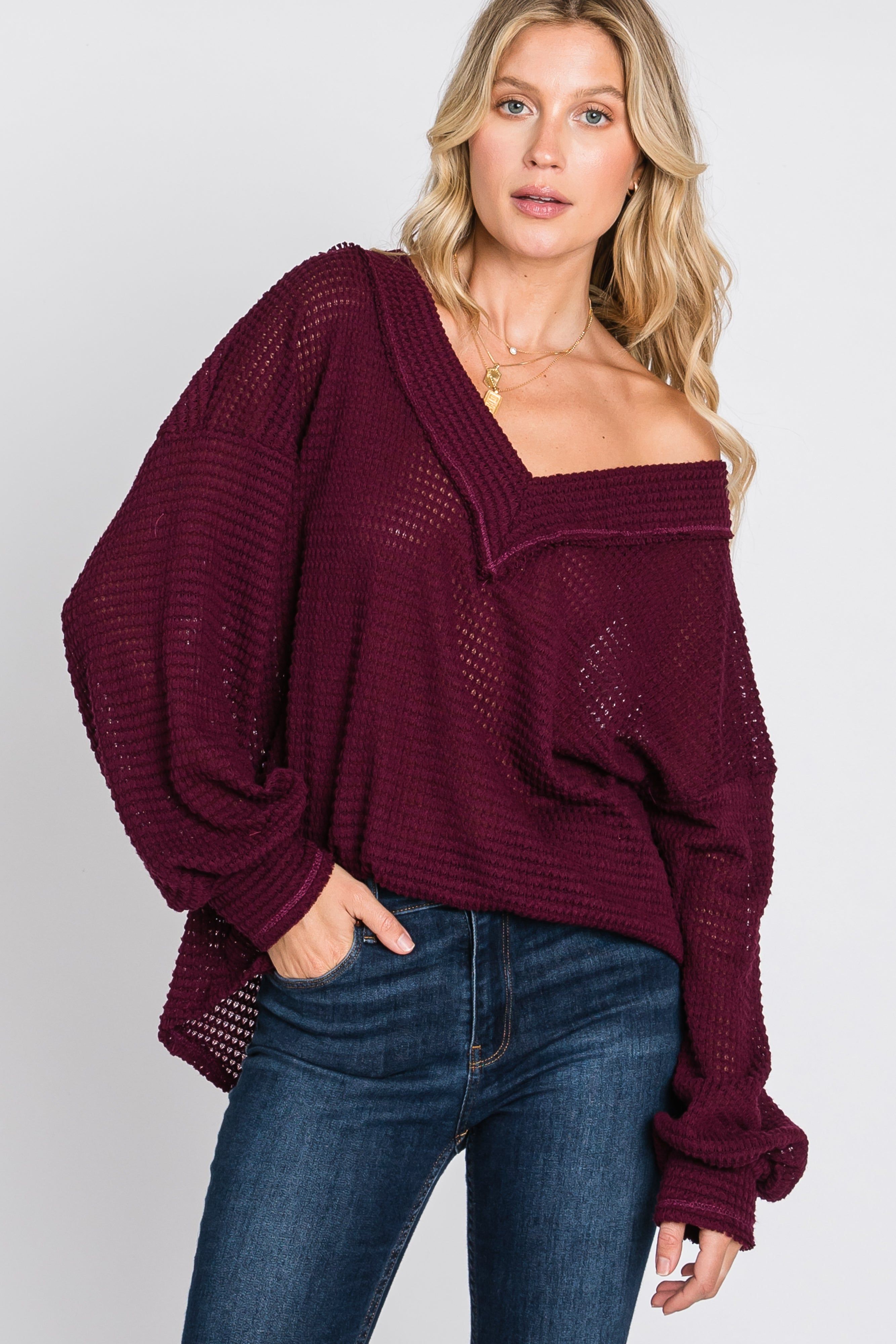Burgundy Waffle Knit V-Neck Top sold by Pinkblush product image thumbnail 11