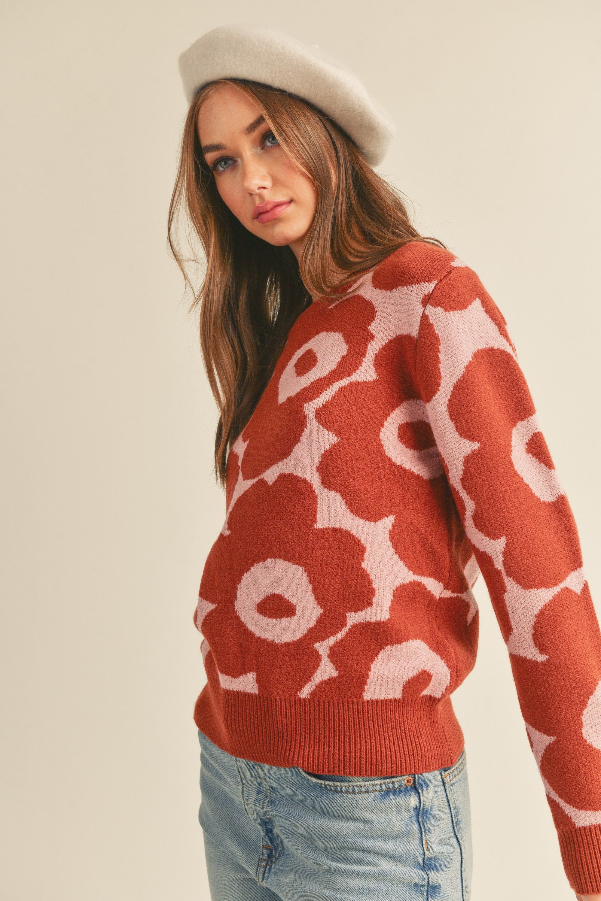 Lavender Rust Abstract Floral Knit Sweater sold by Pinkblush