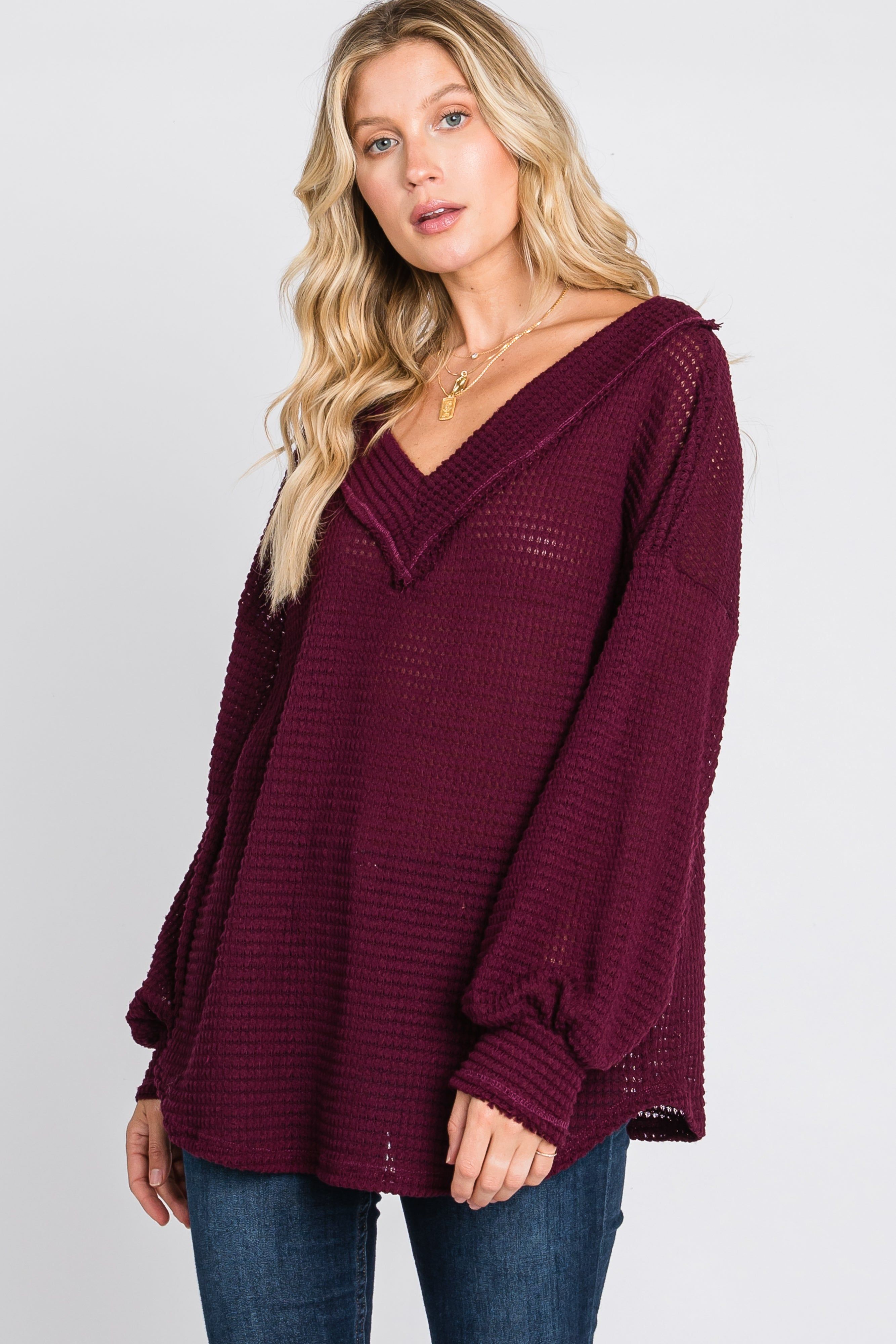 Burgundy Waffle Knit V-Neck Top sold by Pinkblush product image thumbnail 5