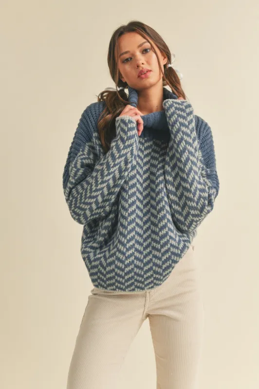 Blue Grey Turtleneck Chevron Knit Sweater sold by Pinkblush