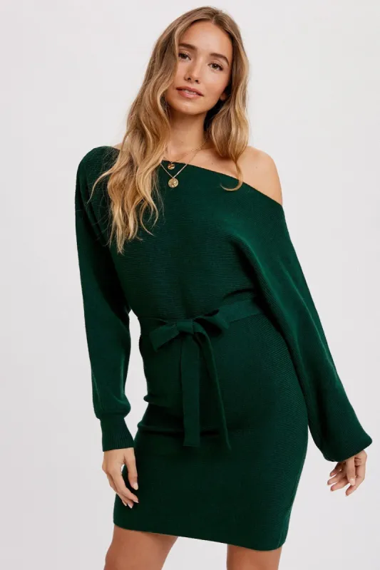 Hunter Green Boatneck Sweater Dress sold by Pinkblush