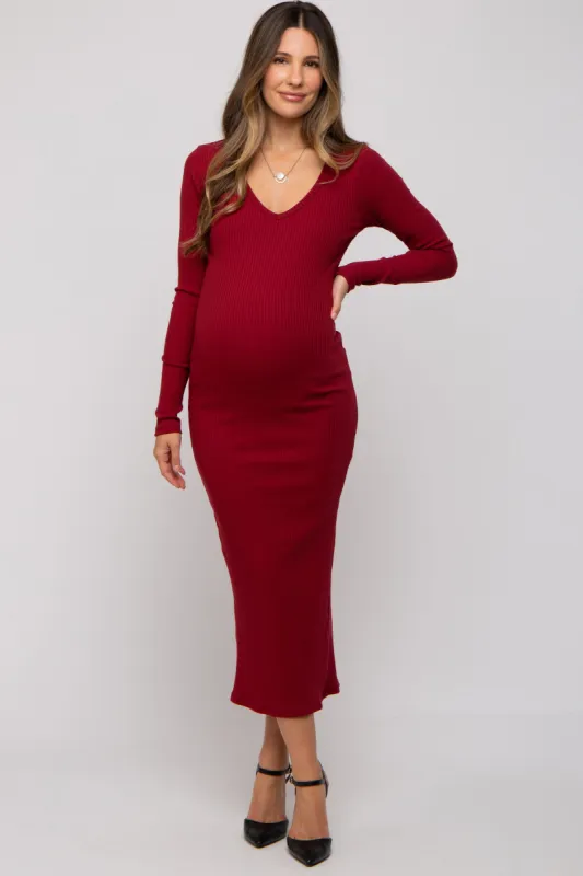 Burgundy Ribbed Long Sleeve Maternity Maxi Dress sold by Pinkblush