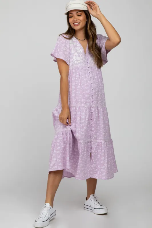 Lavender Floral Embroidered Button Front Maternity Midi Dress sold by Pinkblush