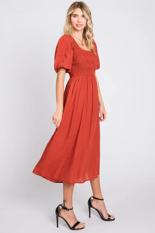 Rust Square Neck Midi Dress sold by Pinkblush