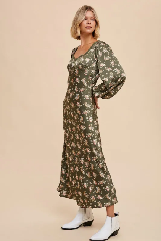 Green Sweetheart Neck Satin Floral Dress sold by Pinkblush