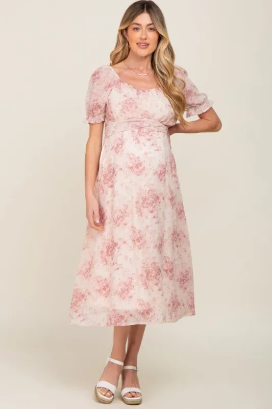 Mauve Floral Puff Sleeve Chiffon Maternity Midi Dress sold by Pinkblush