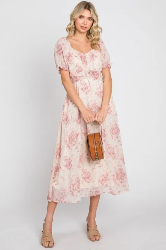 Mauve Floral Puff Sleeve Chiffon Midi Dress sold by Pinkblush